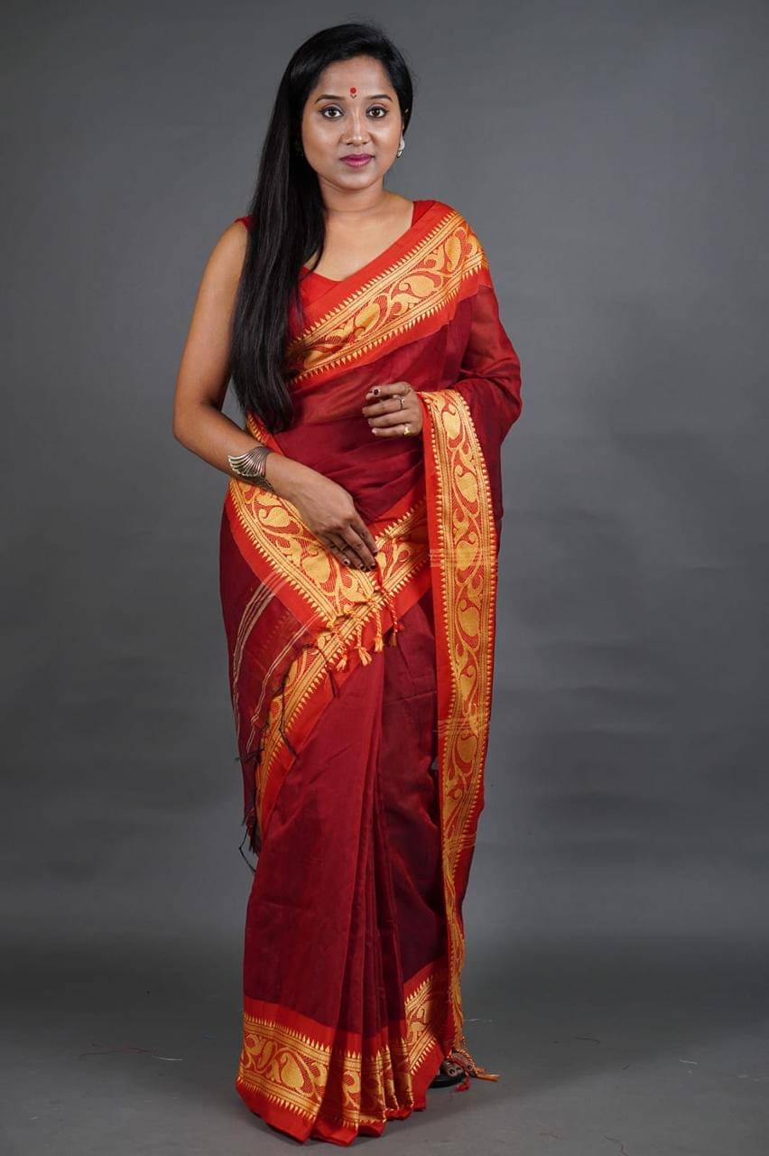     			SARADA HANDLOOM Cotton Woven Saree With Unstitched Blouse Piece ( Maroon )