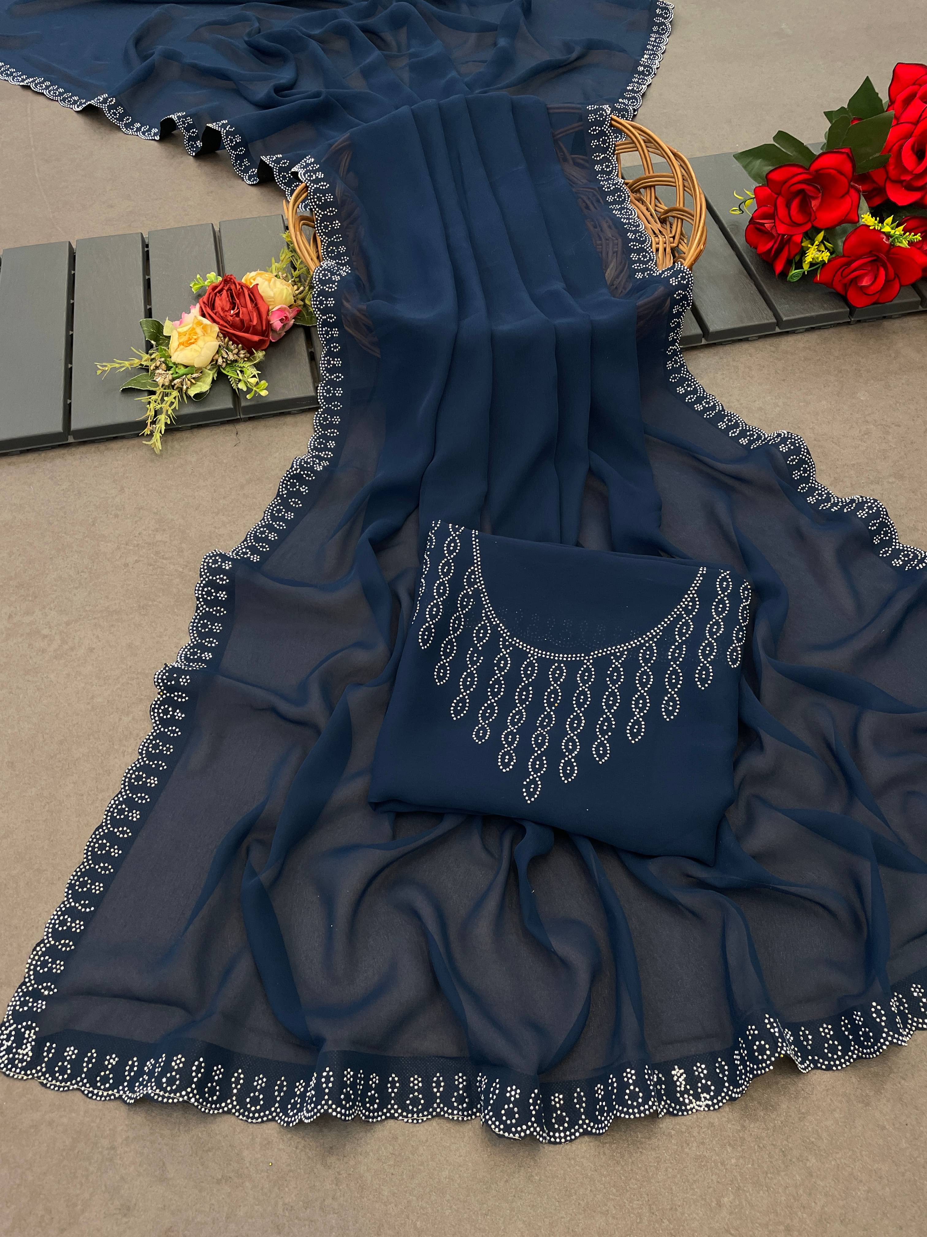 Sanjana Silks Georgette Embellished Saree With Unstitched Blouse Piece ( Navy Blue ) Sanjana Silks Georgette Embellished Saree With Unstitched Blouse Piece ( Navy Blue )