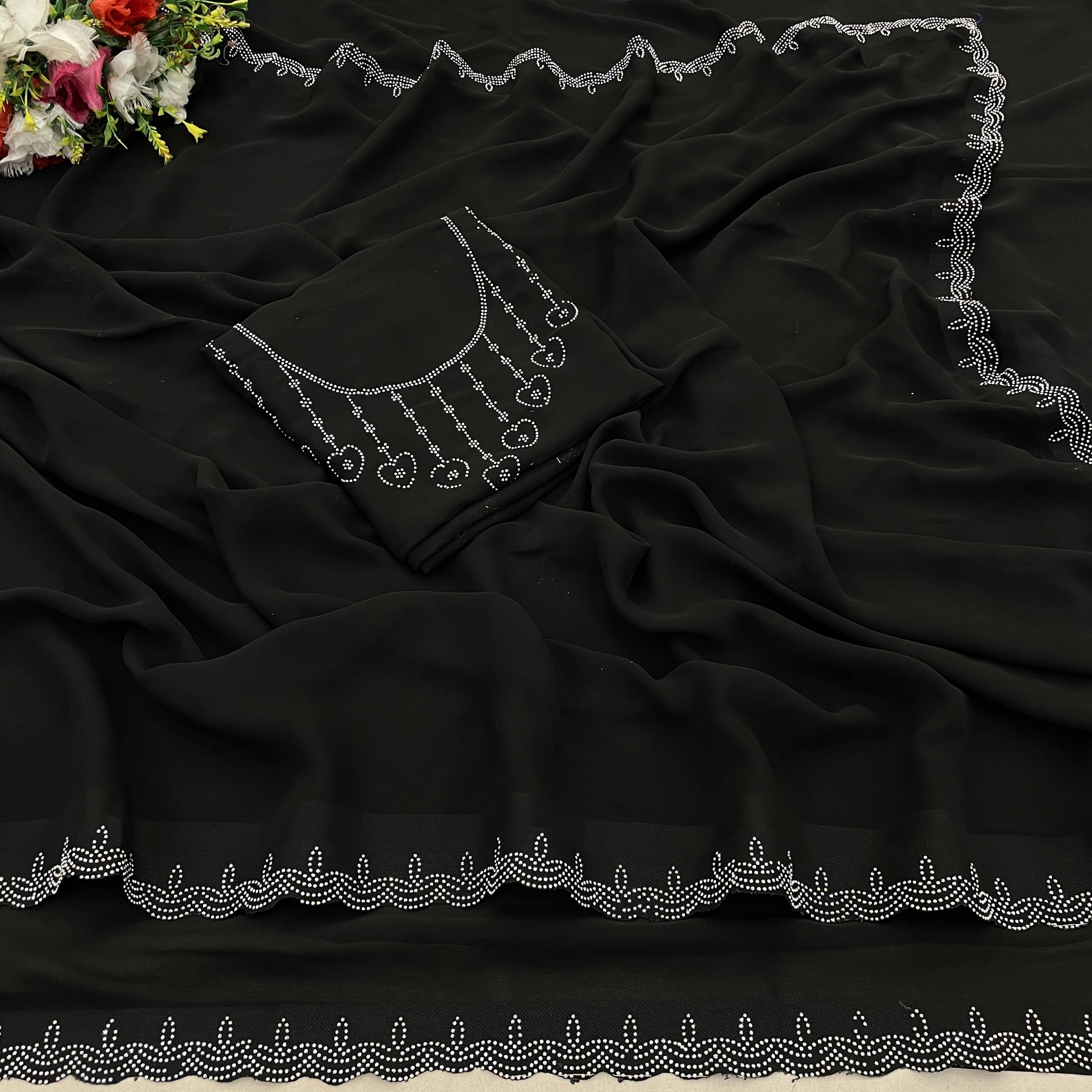     			Sanjana Silks Georgette Embellished Saree With Unstitched Blouse Piece ( Black )