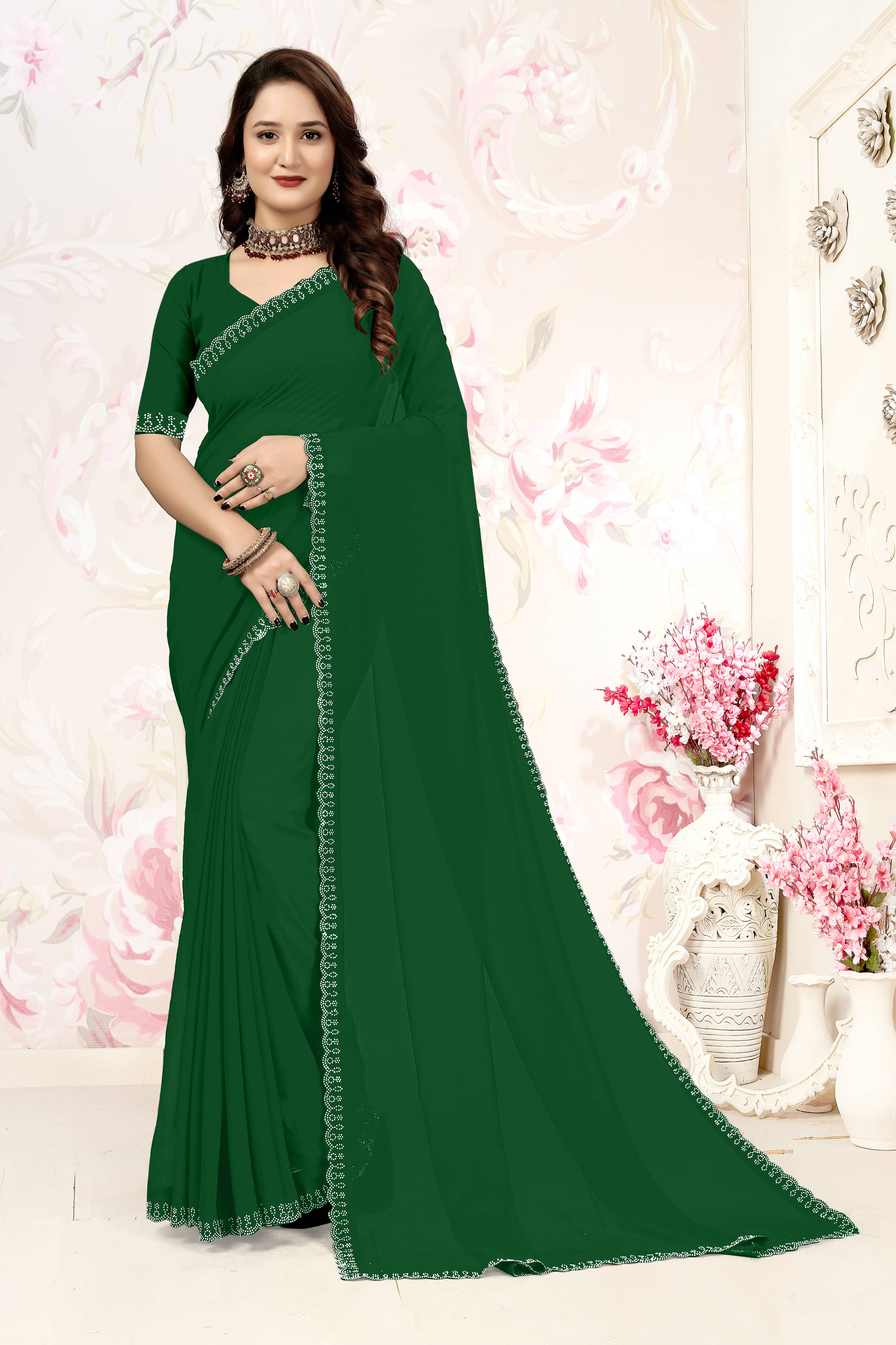 Sanjana Silks Georgette Embellished Saree With Unstitched Blouse Piece ( Green )     			Sanjana Silks Georgette Embellished Saree With Unstitched Blouse Piece ( Green )