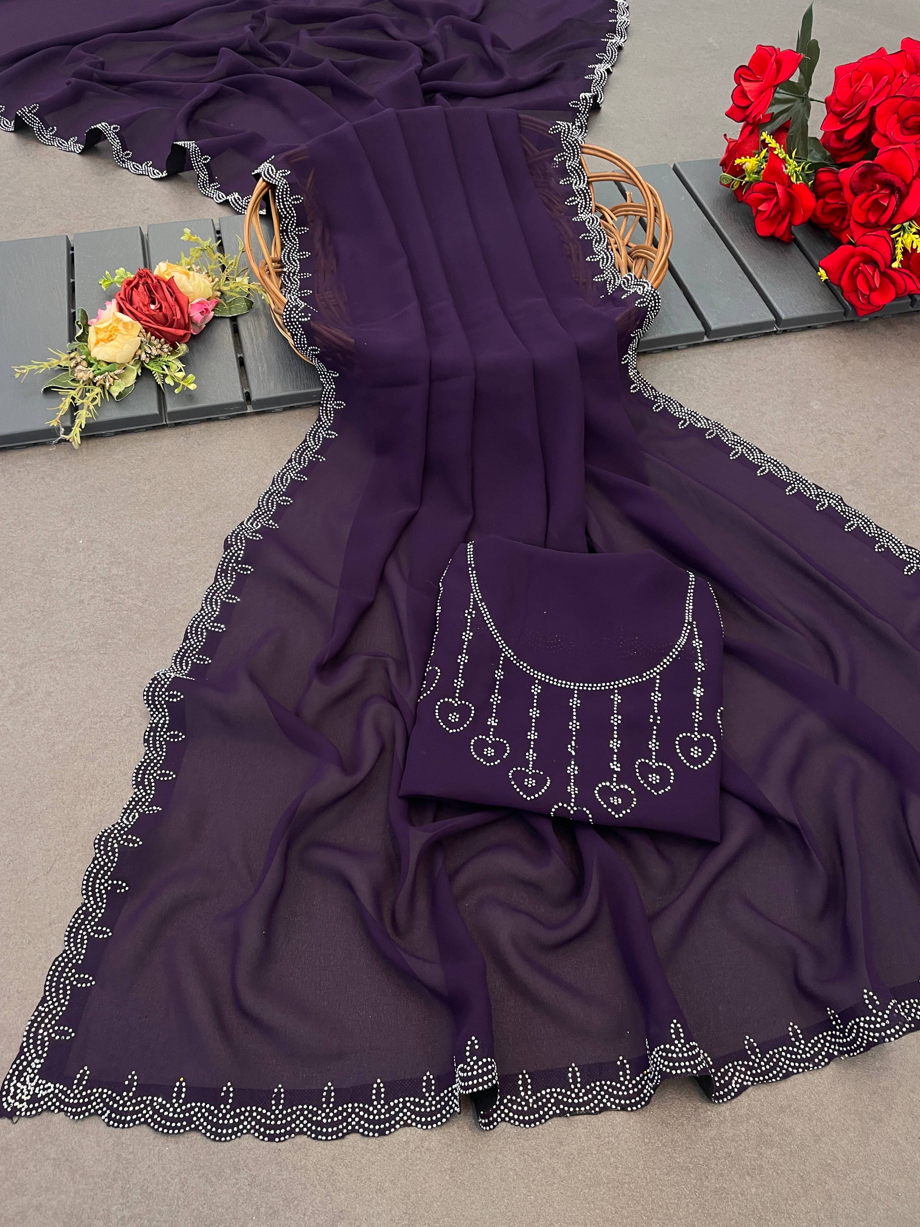     			Sanjana Silks Georgette Embellished Saree With Unstitched Blouse Piece ( Purple )