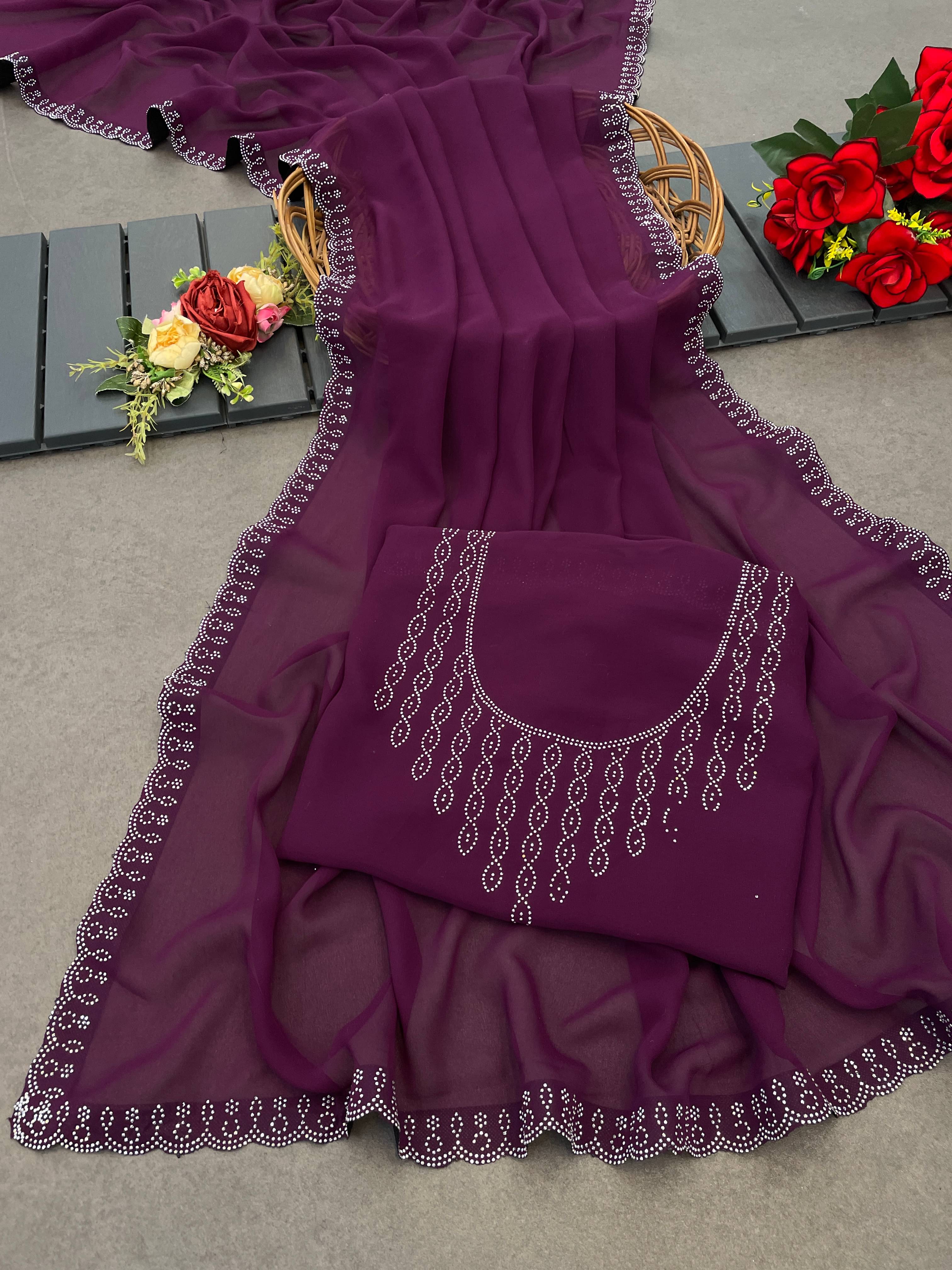 Sanwariya Silk Georgette Embellished Saree With Unstitched Blouse Piece ( Wine ) Sanwariya Silk Georgette Embellished Saree With Unstitched Blouse Piece ( Wine )