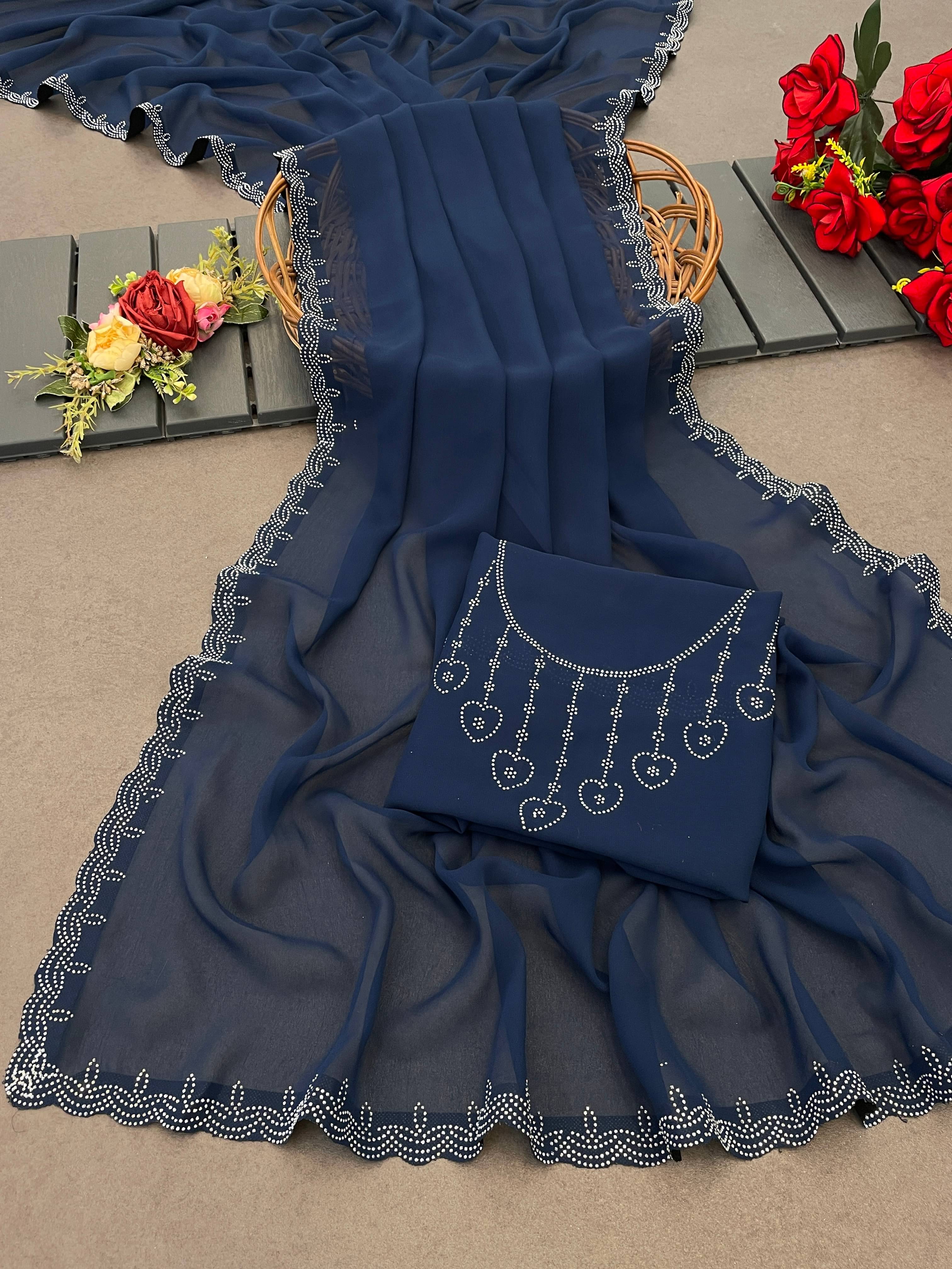 Sitanjali Georgette Embellished Saree With Unstitched Blouse Piece ( Navy Blue )     			Sitanjali Georgette Embellished Saree With Unstitched Blouse Piece ( Navy Blue )