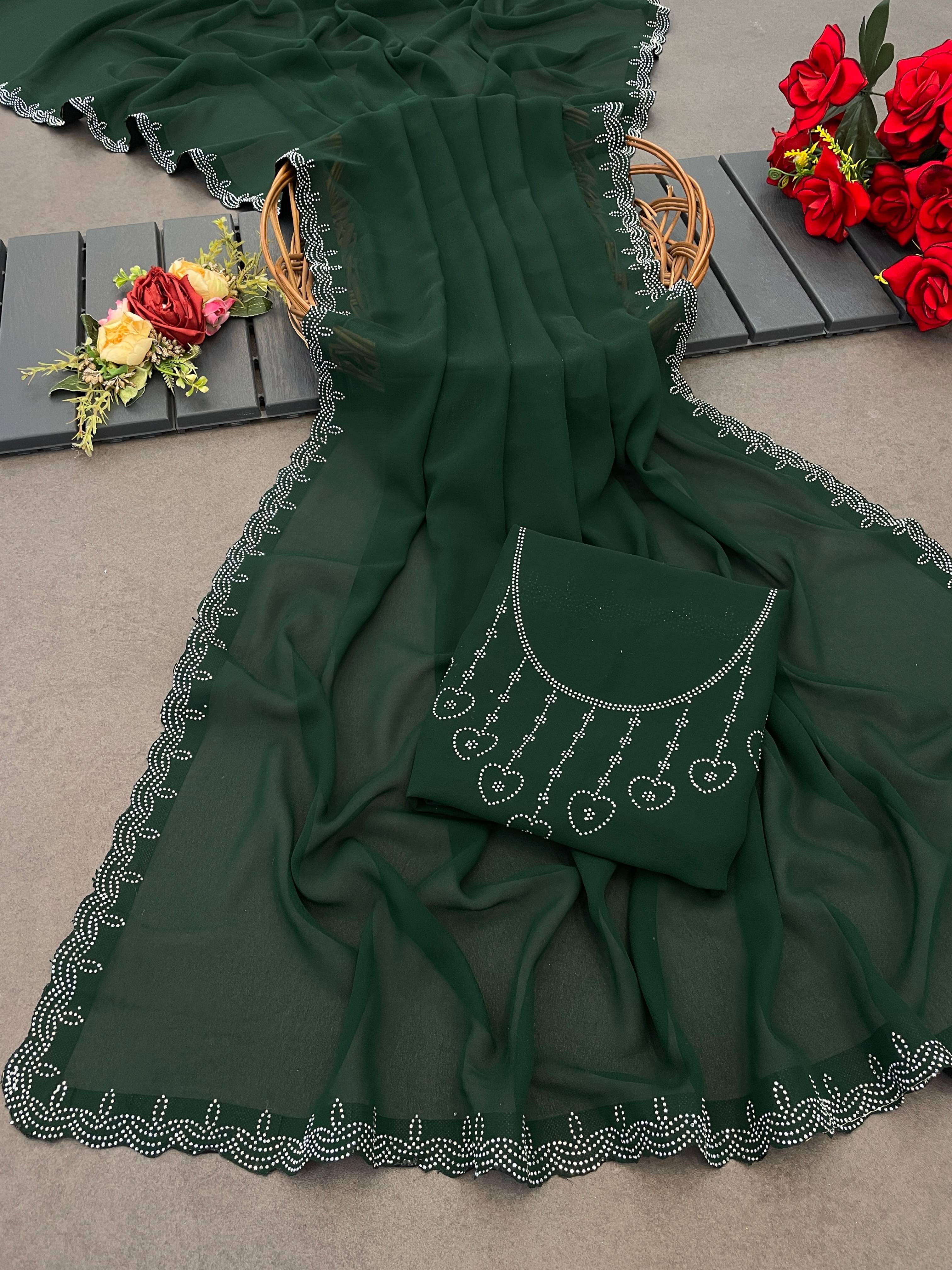     			Sitanjali Georgette Embellished Saree With Unstitched Blouse Piece ( Green )