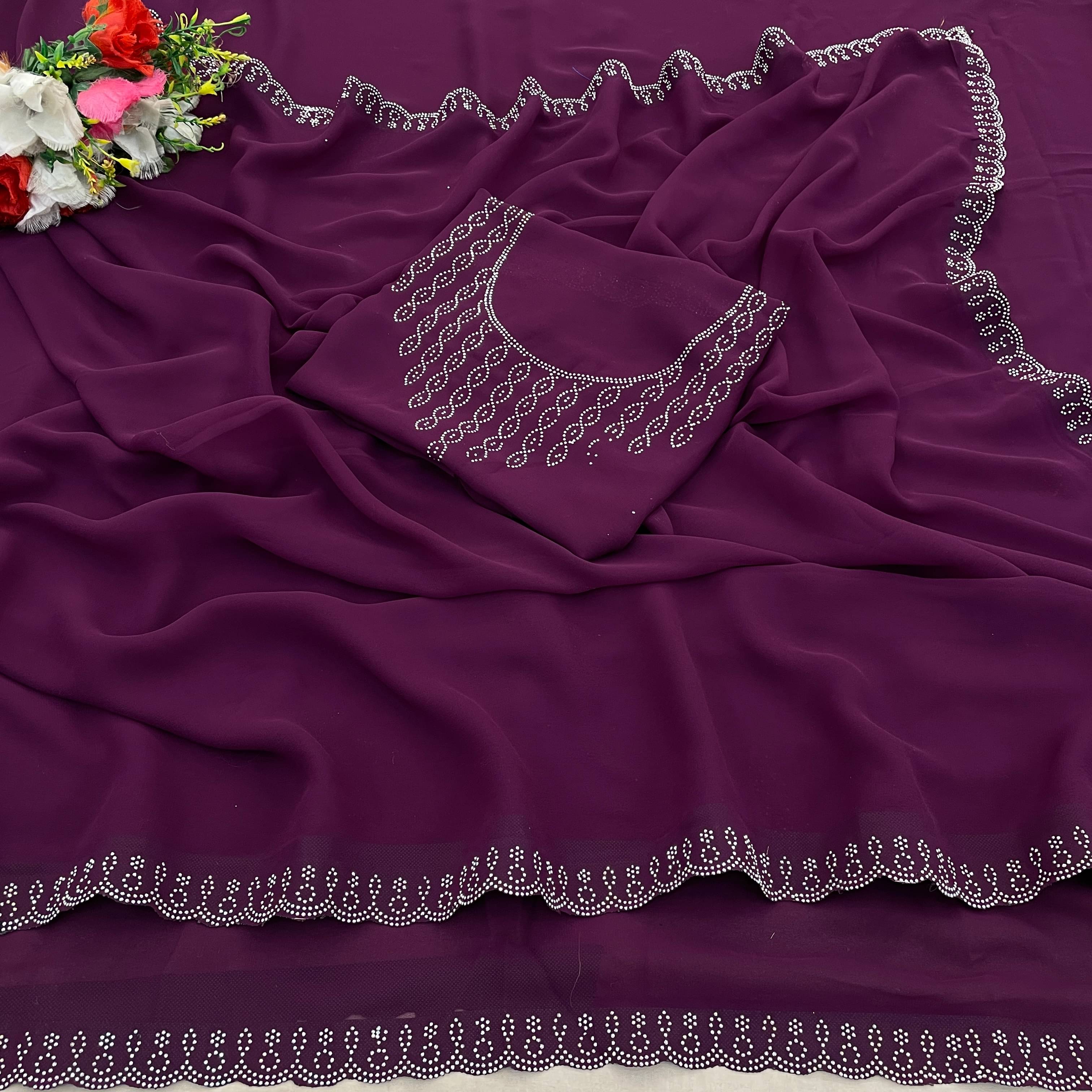     			Sitanjali Georgette Embellished Saree With Unstitched Blouse Piece ( Wine )