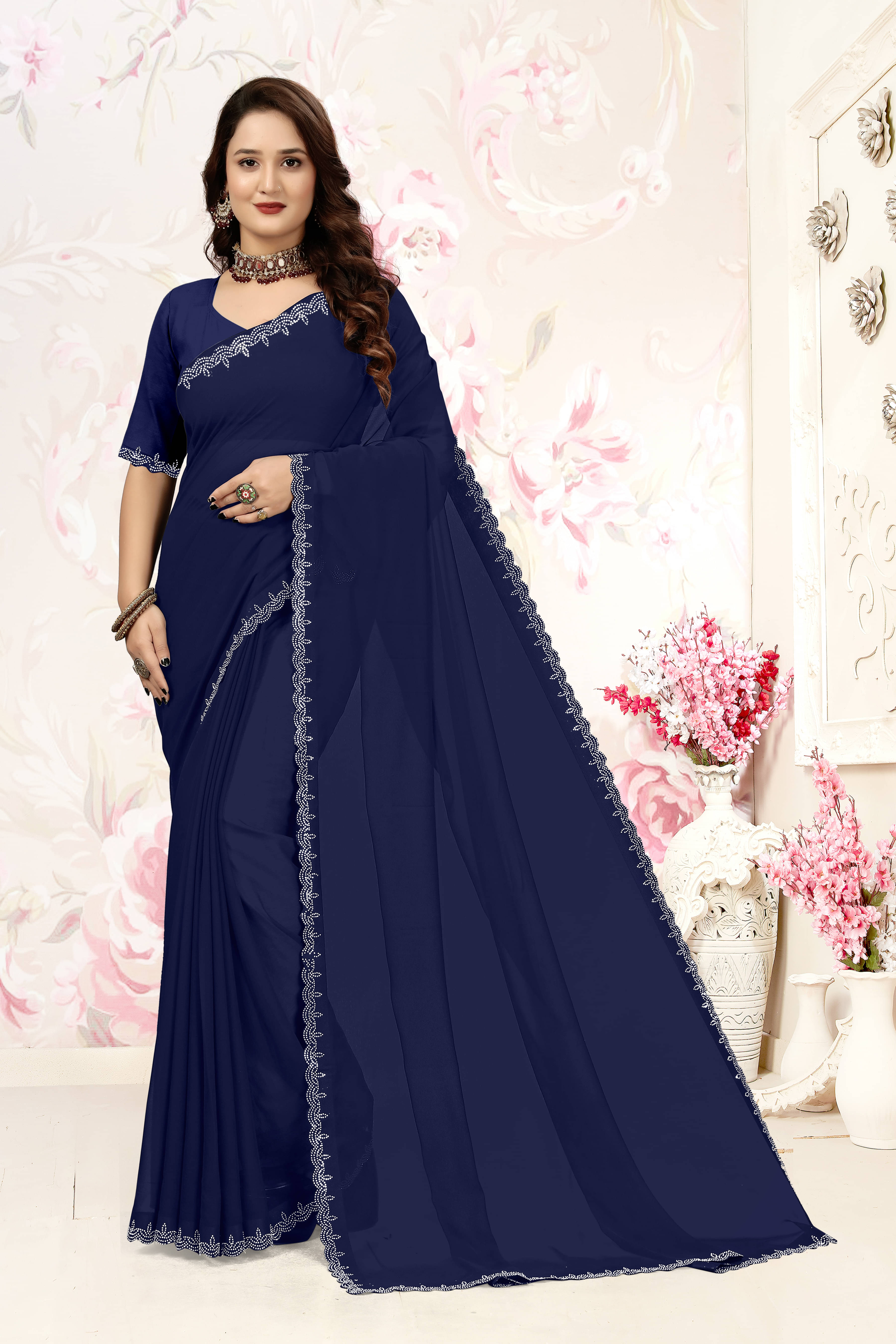    			Sitanjali Georgette Embellished Saree With Unstitched Blouse Piece ( Navy Blue )