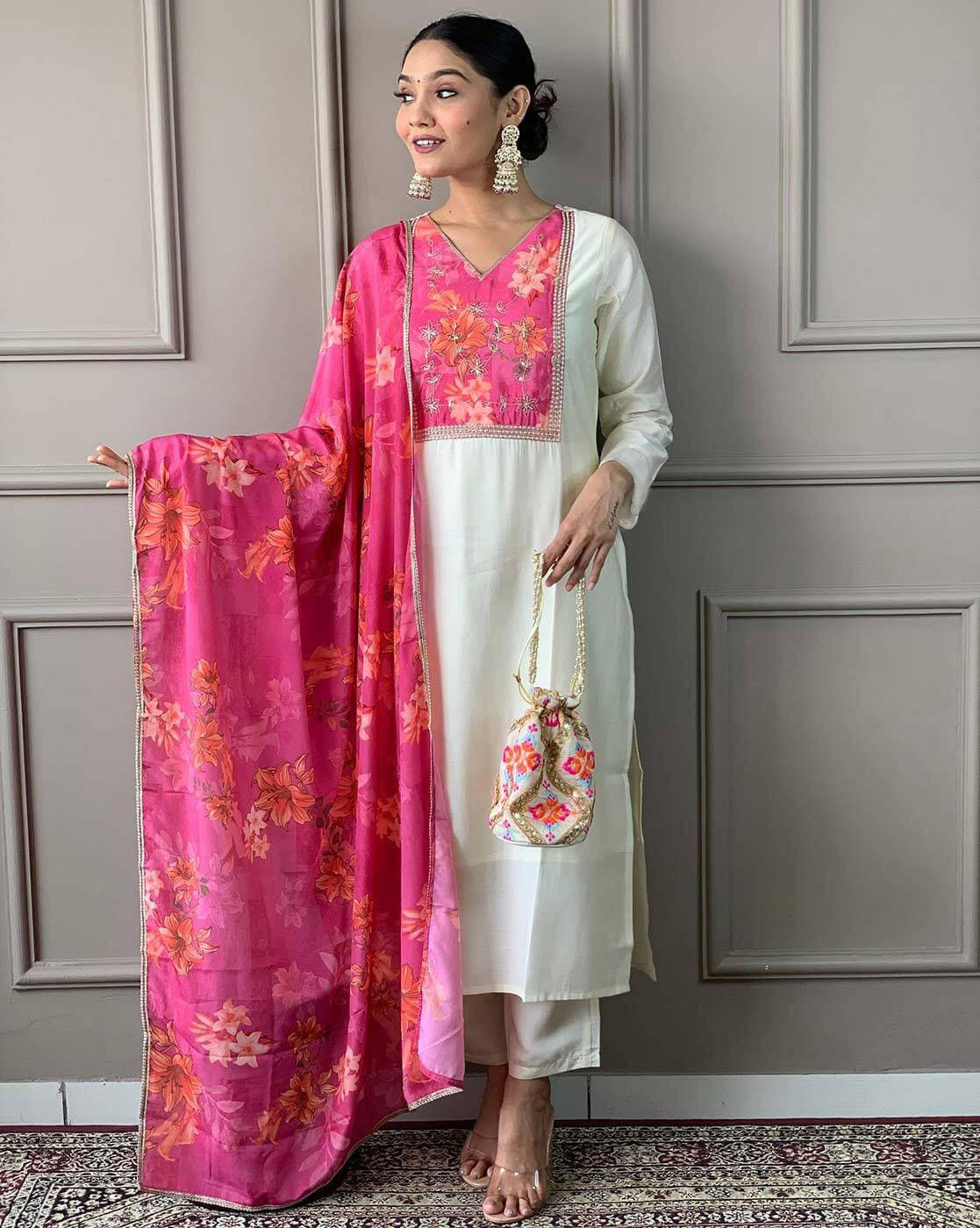 Trijal Fab Cotton Silk Printed Kurti With Pants Women's Stitched Salwar Suit - White ( Pack of 1 )     			Trijal Fab Cotton Silk Printed Kurti With Pants Women's Stitched Salwar Suit - White ( Pack of 1 )