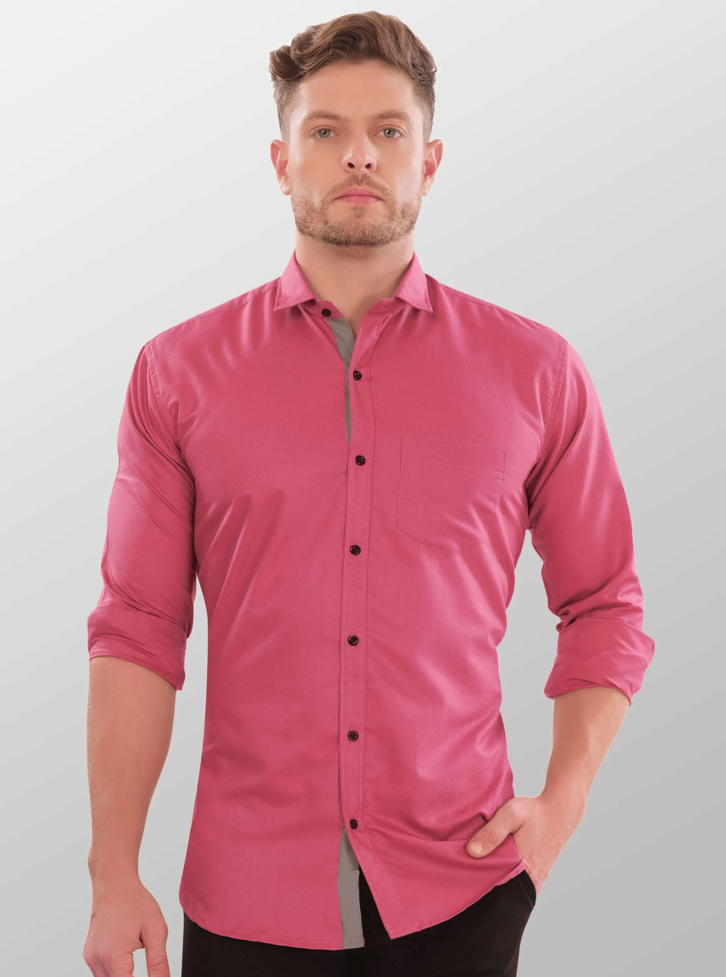VERTUSY Cotton Blend Regular Fit Solids Full Sleeves Men's Casual Shirt - Pink ( Pack of 1 )     			VERTUSY Cotton Blend Regular Fit Solids Full Sleeves Men's Casual Shirt - Pink ( Pack of 1 )