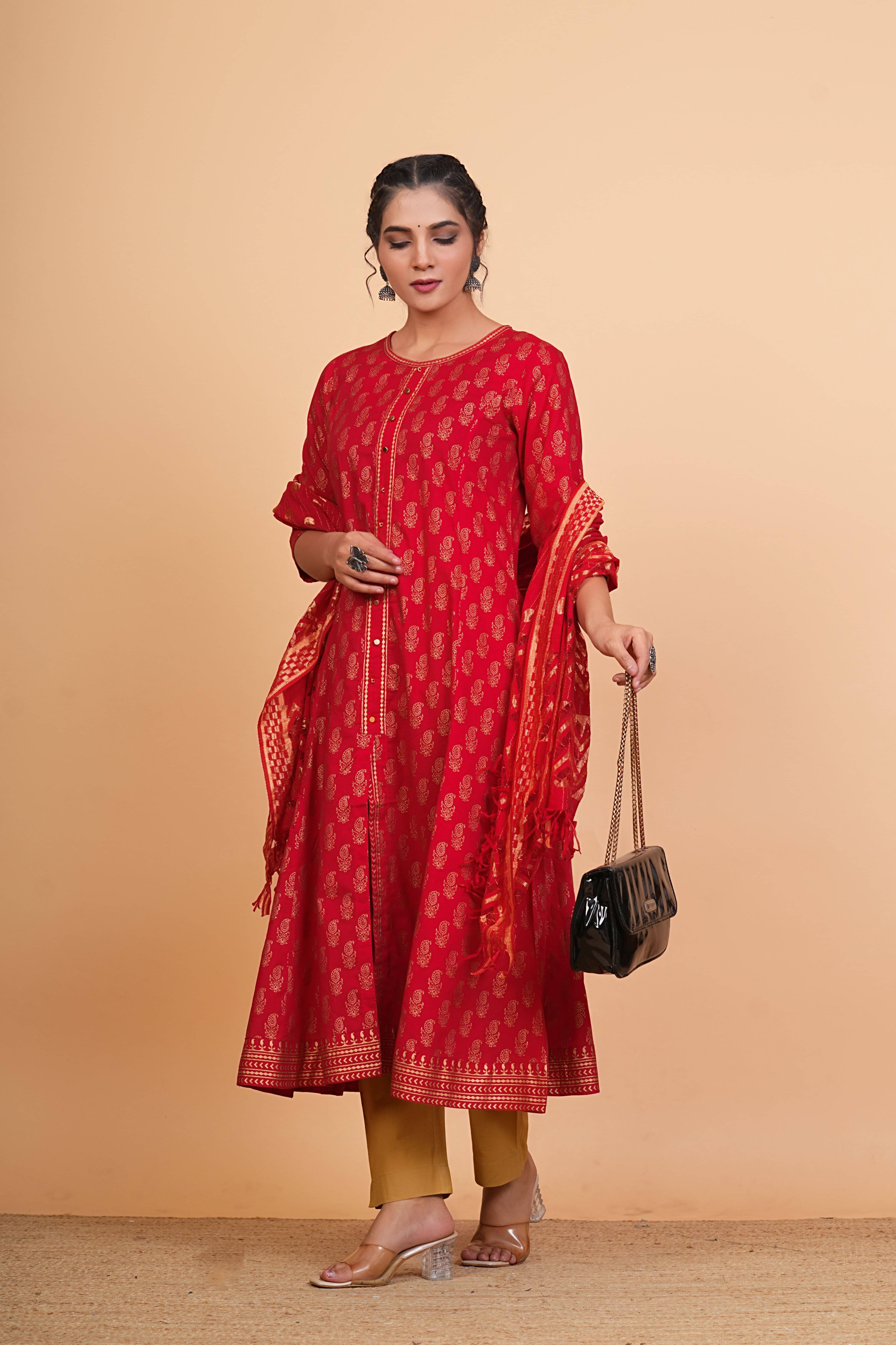 Yash Gallery Pack of 1 Cotton Printed Anarkali Women's Kurti with Dupatta - ( Red ) Yash Gallery Pack of 1 Cotton Printed Anarkali Women's Kurti with Dupatta - ( Red )