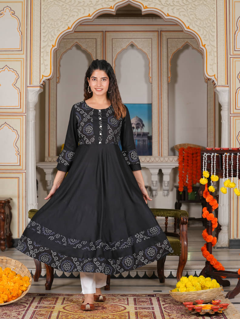 Yash Gallery Pack of 1 Rayon Printed Anarkali Women's Kurti - ( Black ) Yash Gallery Pack of 1 Rayon Printed Anarkali Women's Kurti - ( Black )