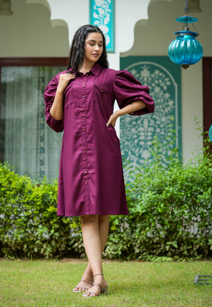 Yash Gallery Women Rayon Solid Shirt Dress ( Wine ) Yash Gallery Women Rayon Solid Shirt Dress ( Wine )