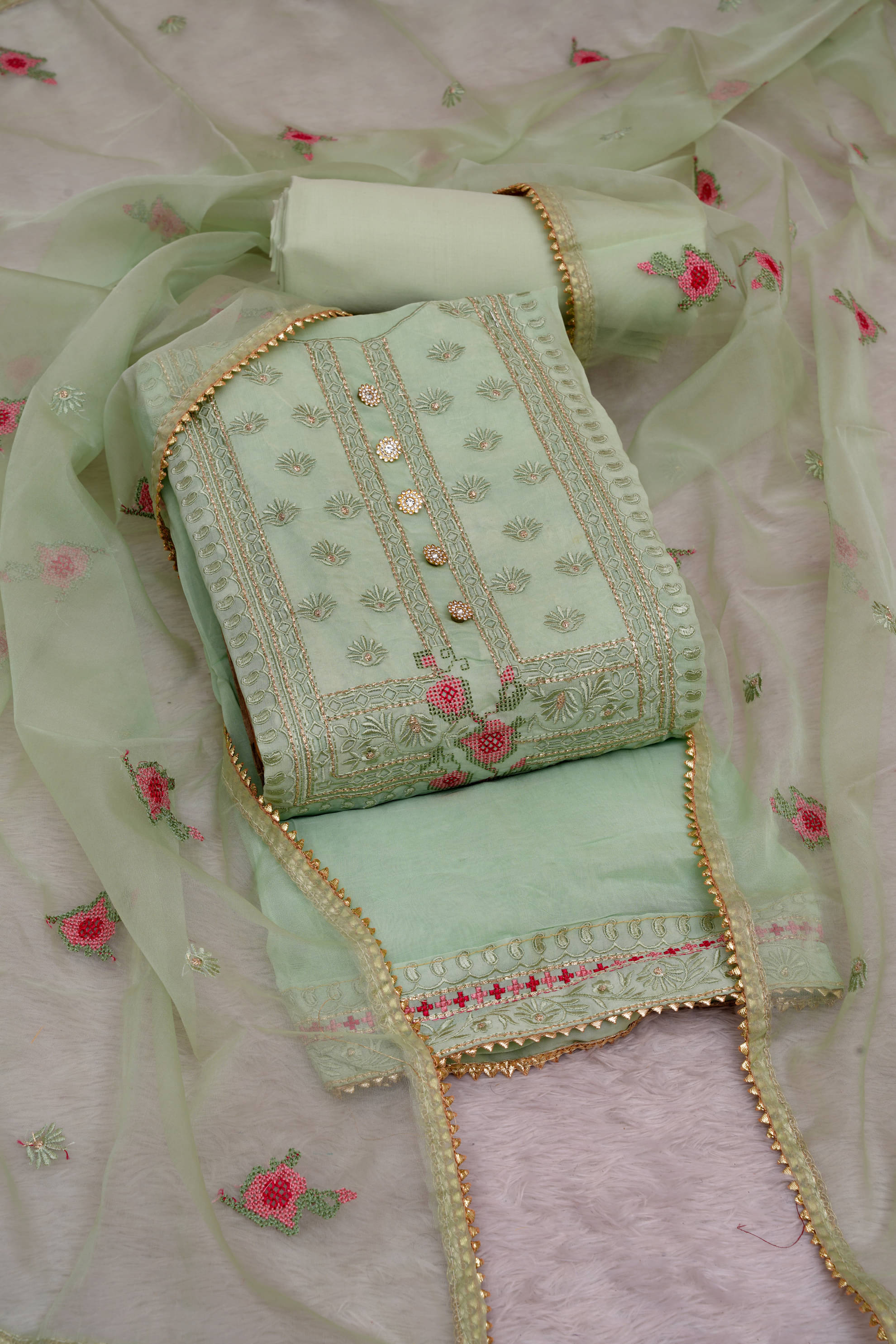     			tavas Unstitched Chanderi Embellished Dress Material - Green ( Pack of 1 )