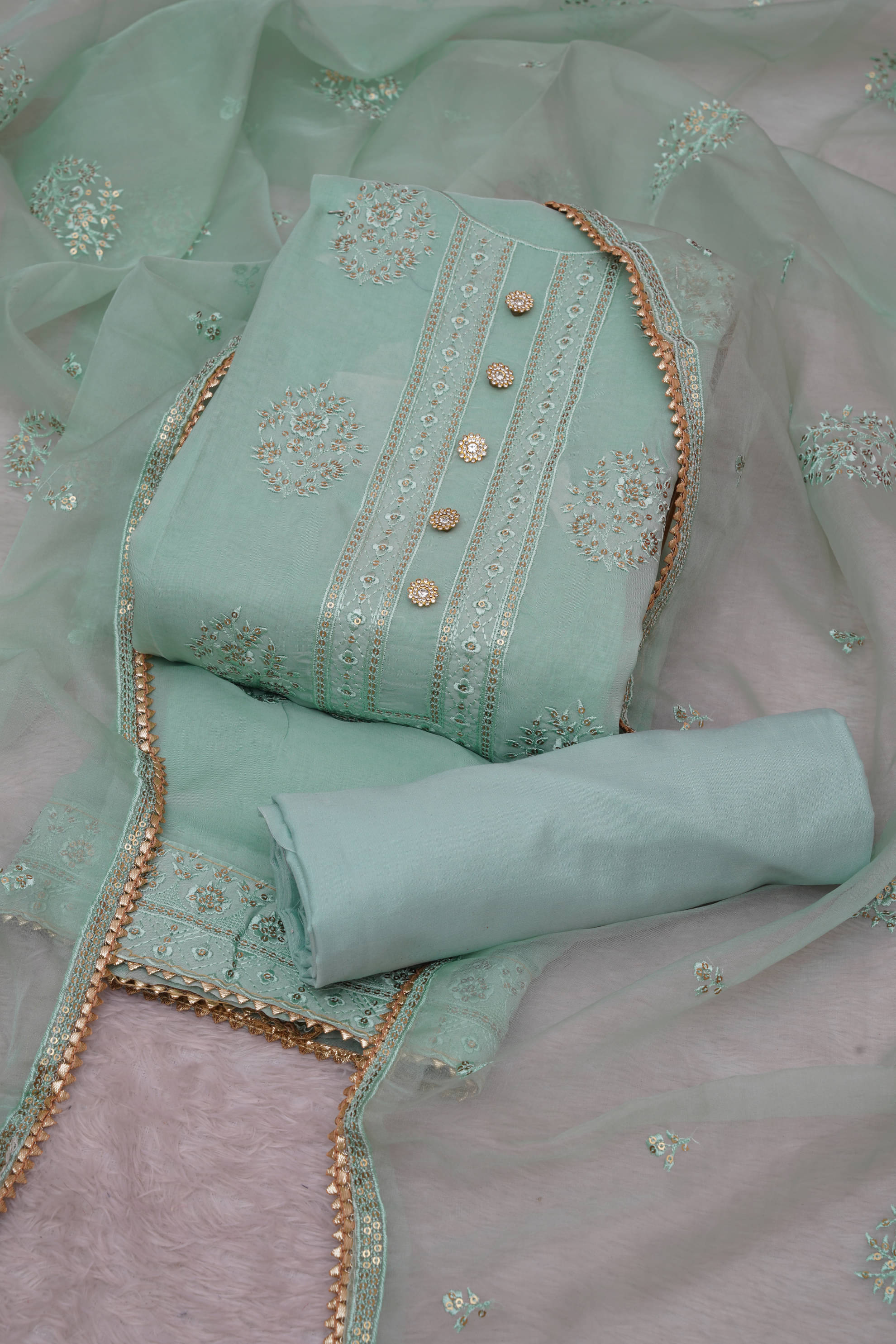     			tavas Unstitched Organza Embellished Dress Material - Green ( Pack of 1 )