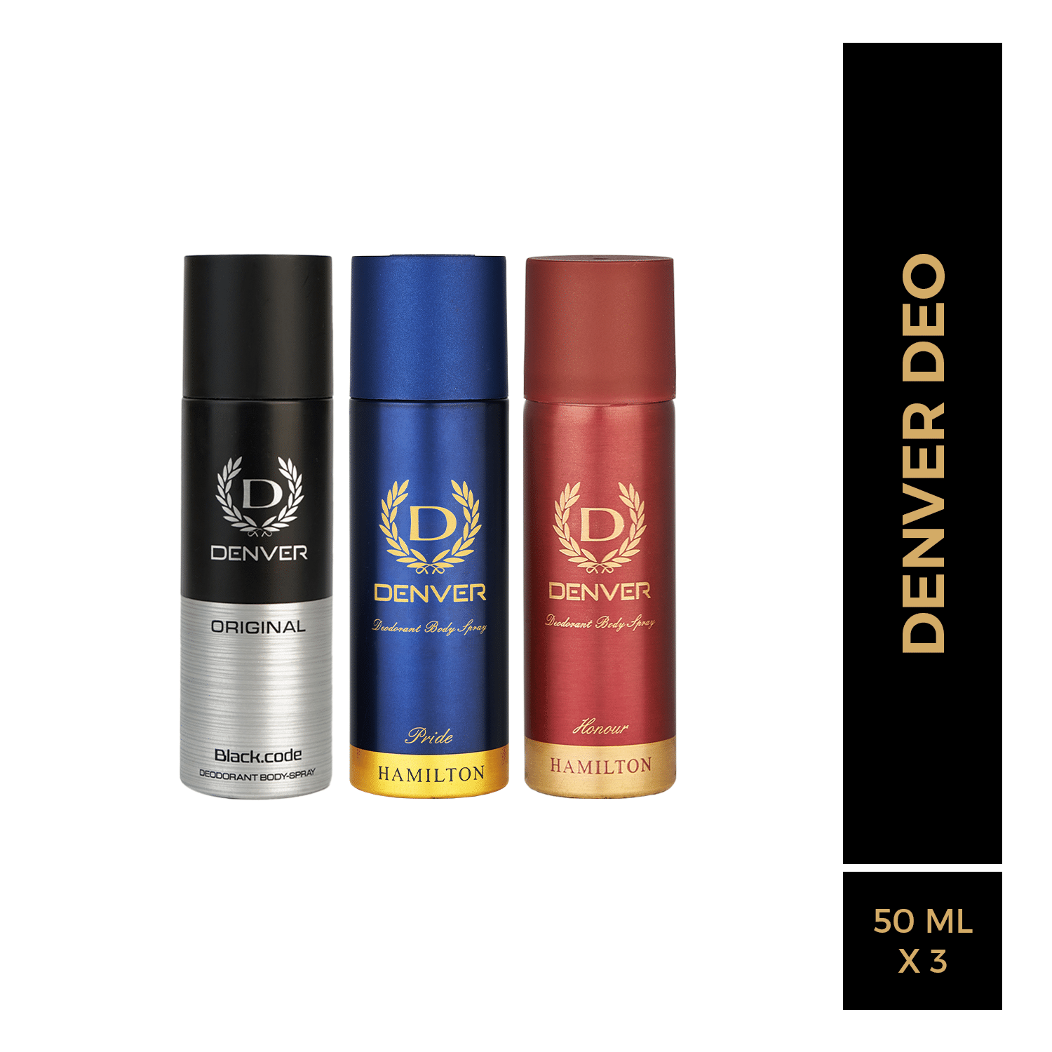 Denver Pride, Honour & Black Code Deodorant Spray for Men 50 ml ( Pack of 3 )     			Denver Pride, Honour & Black Code Deodorant Spray for Men 50 ml ( Pack of 3 )