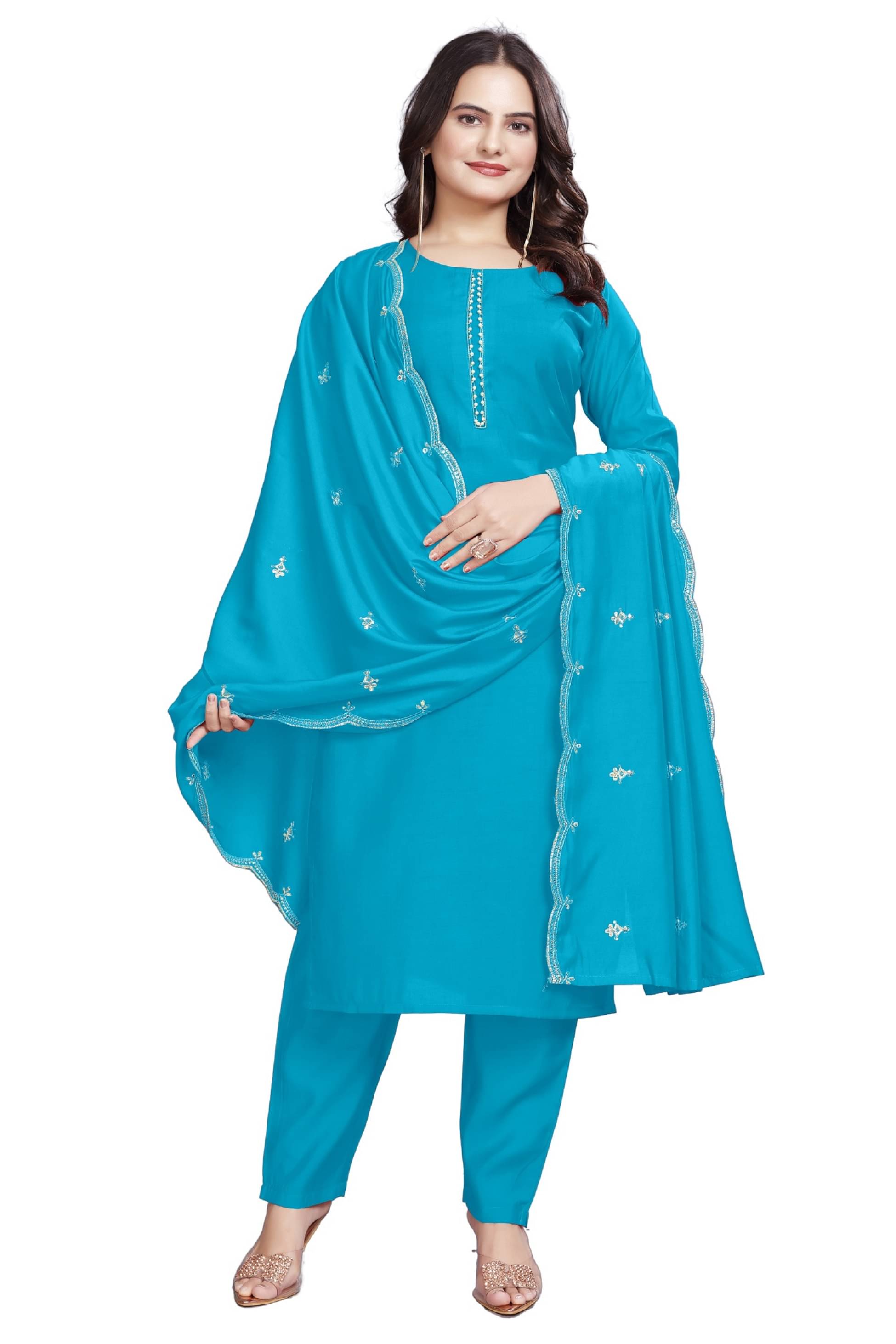     			GOPI SAREE Cotton Silk Embellished Kurti With Pants Women's Stitched Salwar Suit - Teal ( Pack of 1 )