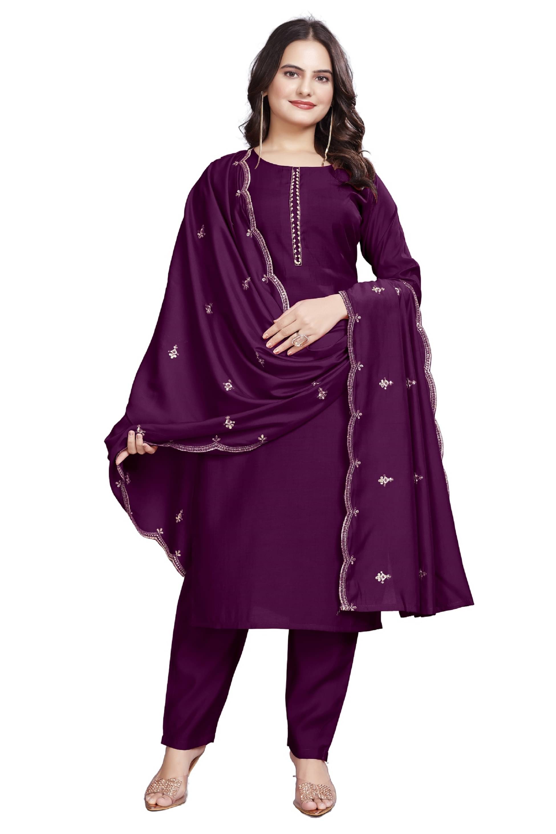 GOPI SAREE Cotton Silk Embellished Kurti With Pants Women's Stitched Salwar Suit - Purple ( Pack of 1 )     			GOPI SAREE Cotton Silk Embellished Kurti With Pants Women's Stitched Salwar Suit - Purple ( Pack of 1 )