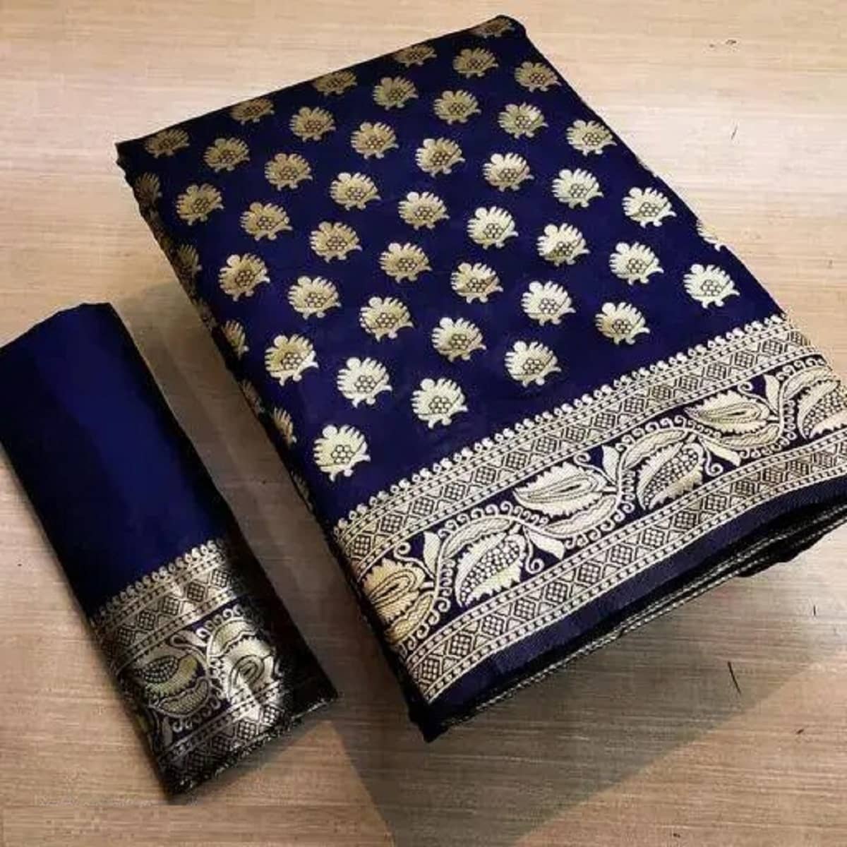 Gazal Fashions Banarasi Silk Woven Saree With Unstitched Blouse Piece ( Navy Blue ) - Sarees | Buy online on ZillyBuy