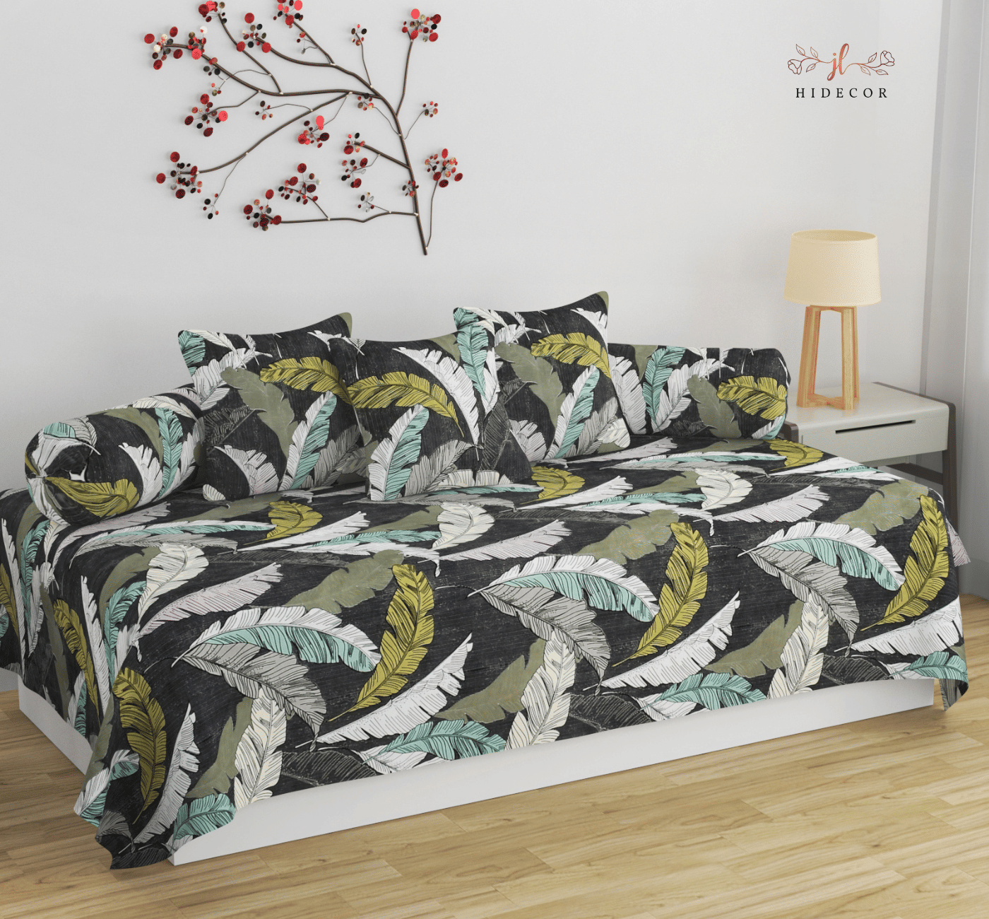 HIDECOR Cotton Abstract Printed Diwan Set 6 Pcs - Gray     			HIDECOR Cotton Abstract Printed Diwan Set 6 Pcs - Gray