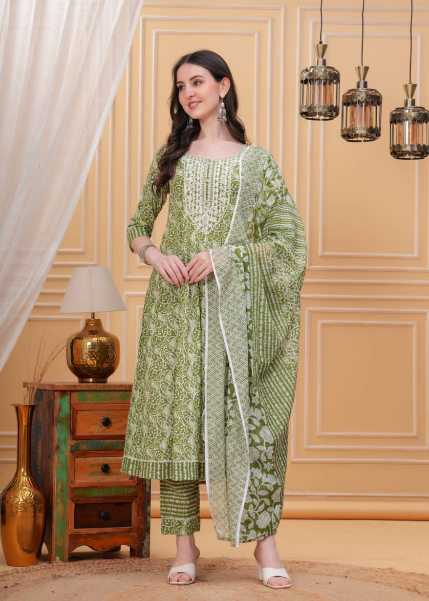 JC4U Cotton Blend Printed Kurti With Pants Women's Stitched Salwar Suit - Olive ( Pack of 1 ) JC4U Cotton Blend Printed Kurti With Pants Women's Stitched Salwar Suit - Olive ( Pack of 1 )