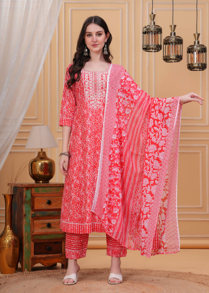 JC4U Cotton Blend Printed Kurti With Pants Women's Stitched Salwar Suit - Red ( Pack of 1 ) JC4U Cotton Blend Printed Kurti With Pants Women's Stitched Salwar Suit - Red ( Pack of 1 )