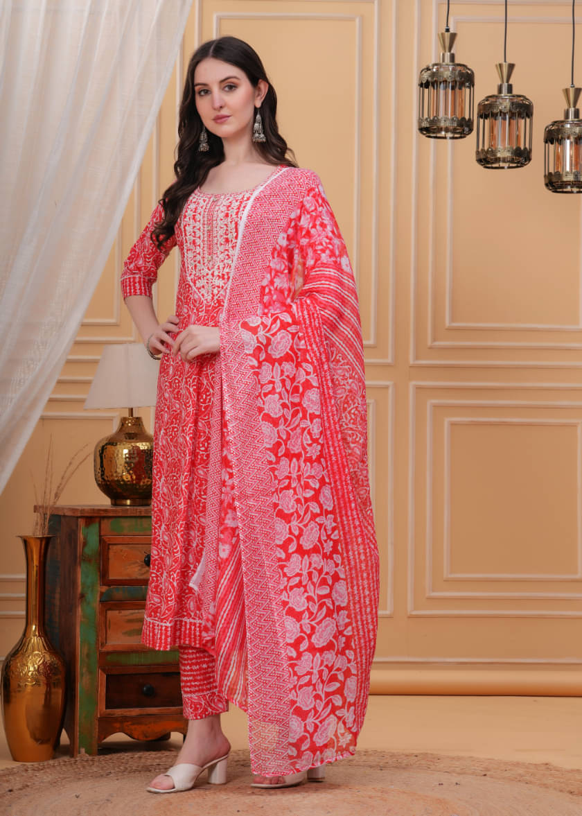 JC4U Cotton Blend Printed Kurti With Pants Women's Stitched Salwar Suit - Red ( Pack of 1 ) JC4U Cotton Blend Printed Kurti With Pants Women's Stitched Salwar Suit - Red ( Pack of 1 )