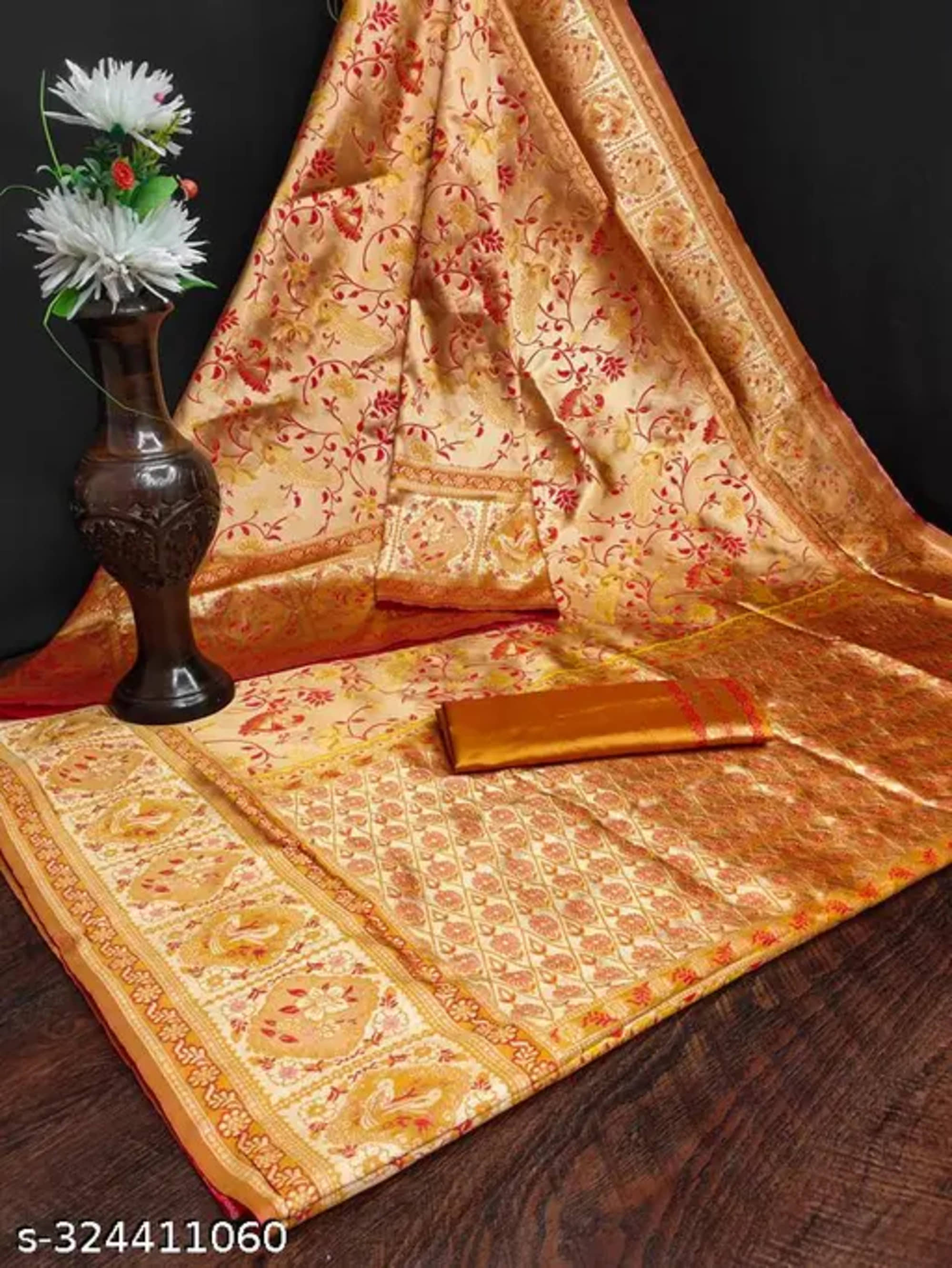 NENCY FASHIONS Silk Woven Banarasi saree With Unstitched Blouse Piece ( Gold ) - Sarees | Buy online on ZillyBuy