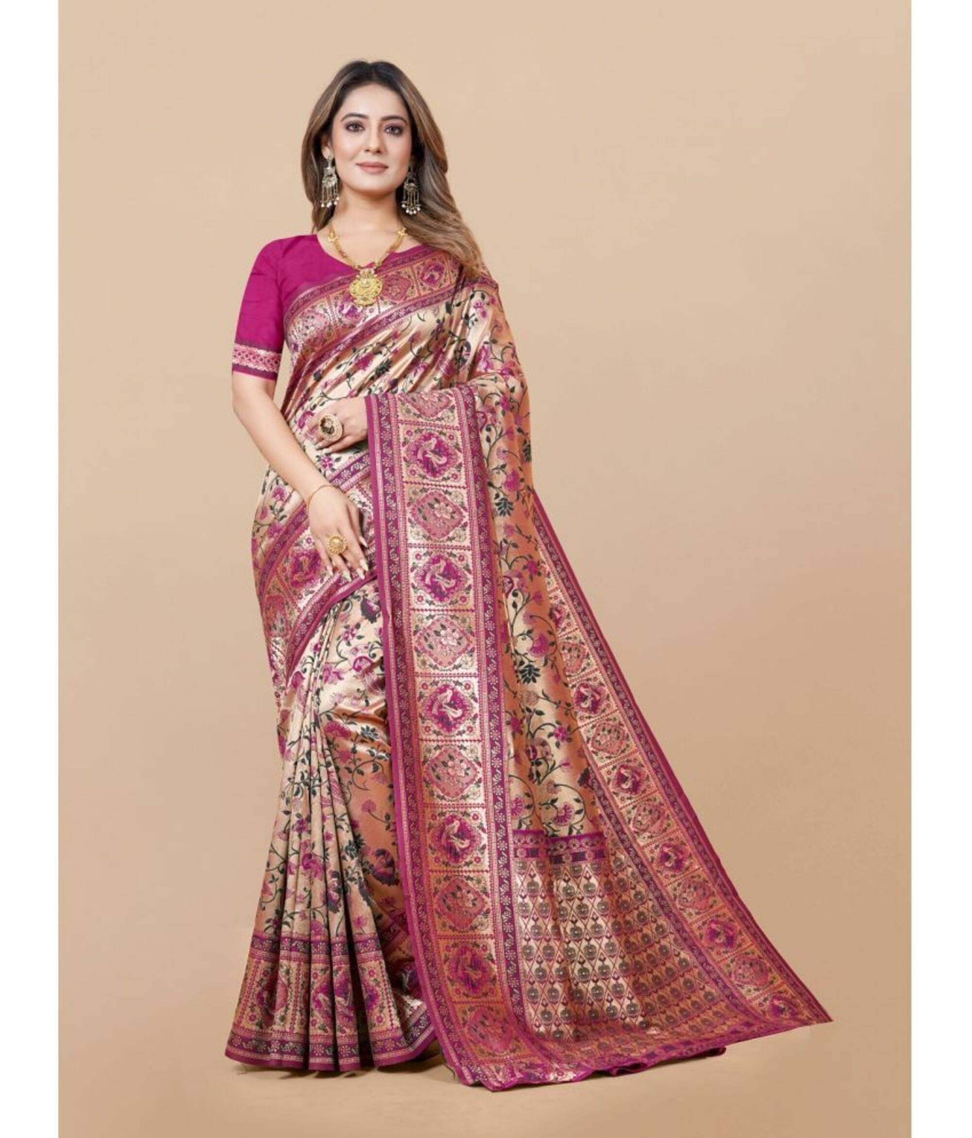     			NENCY FASHIONS Banarasi Silk Woven Saree With Unstitched Blouse Piece ( Rani )