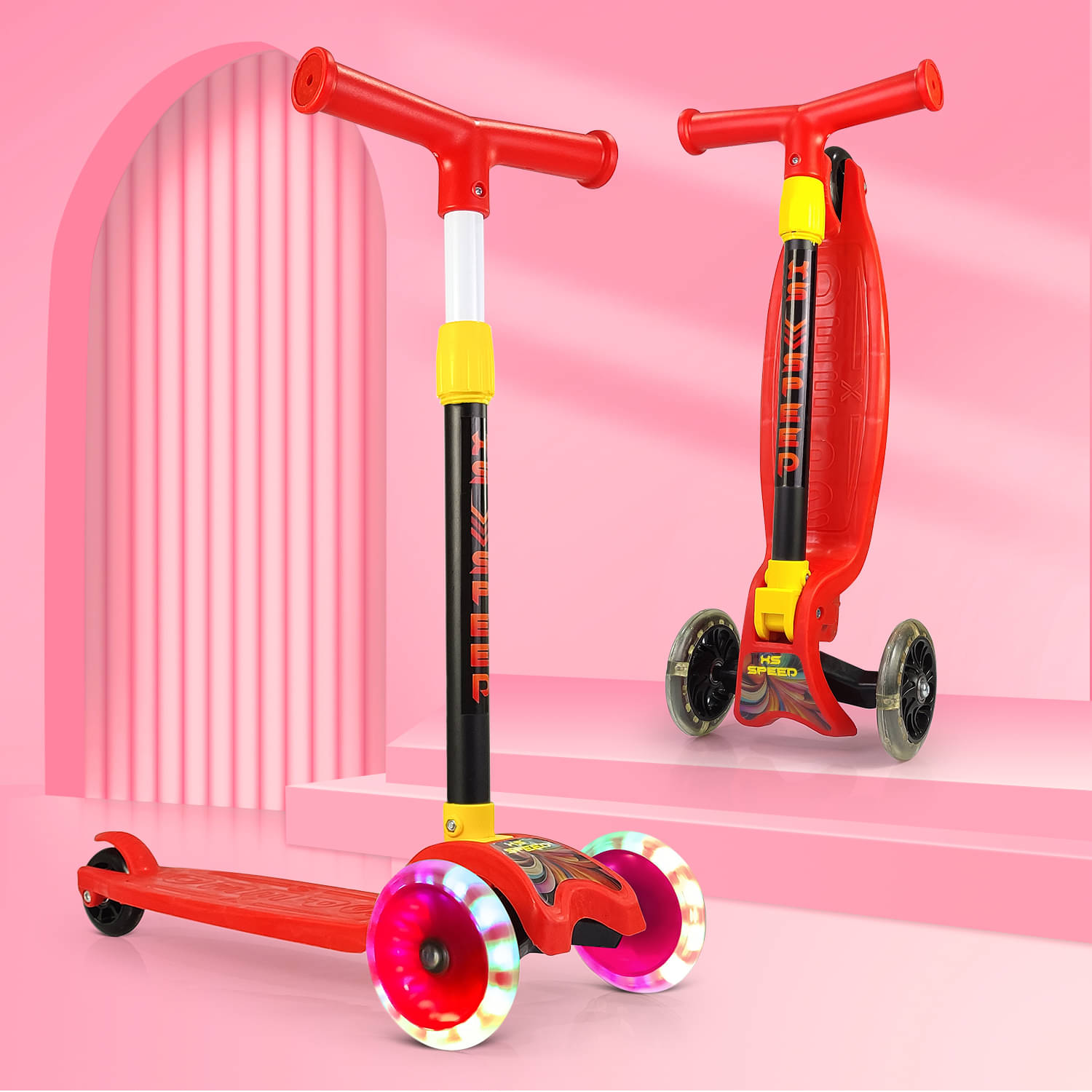     			NHR Four Level Adjustable Height Smart Kick Scooter With LED Light Up Wheels | Foldable Scooter With PU Wheels & Brakes | Kick Scooter For Kids 5+ Year