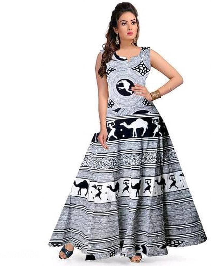     			OuterWear Multicolor Flared Cotton Blend Women's Stitched Ethnic Gown ( Pack of 1 )