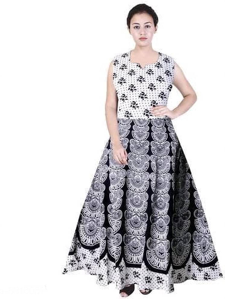     			OuterWear White Flared Cotton Blend Women's Stitched Ethnic Gown ( Pack of 1 )