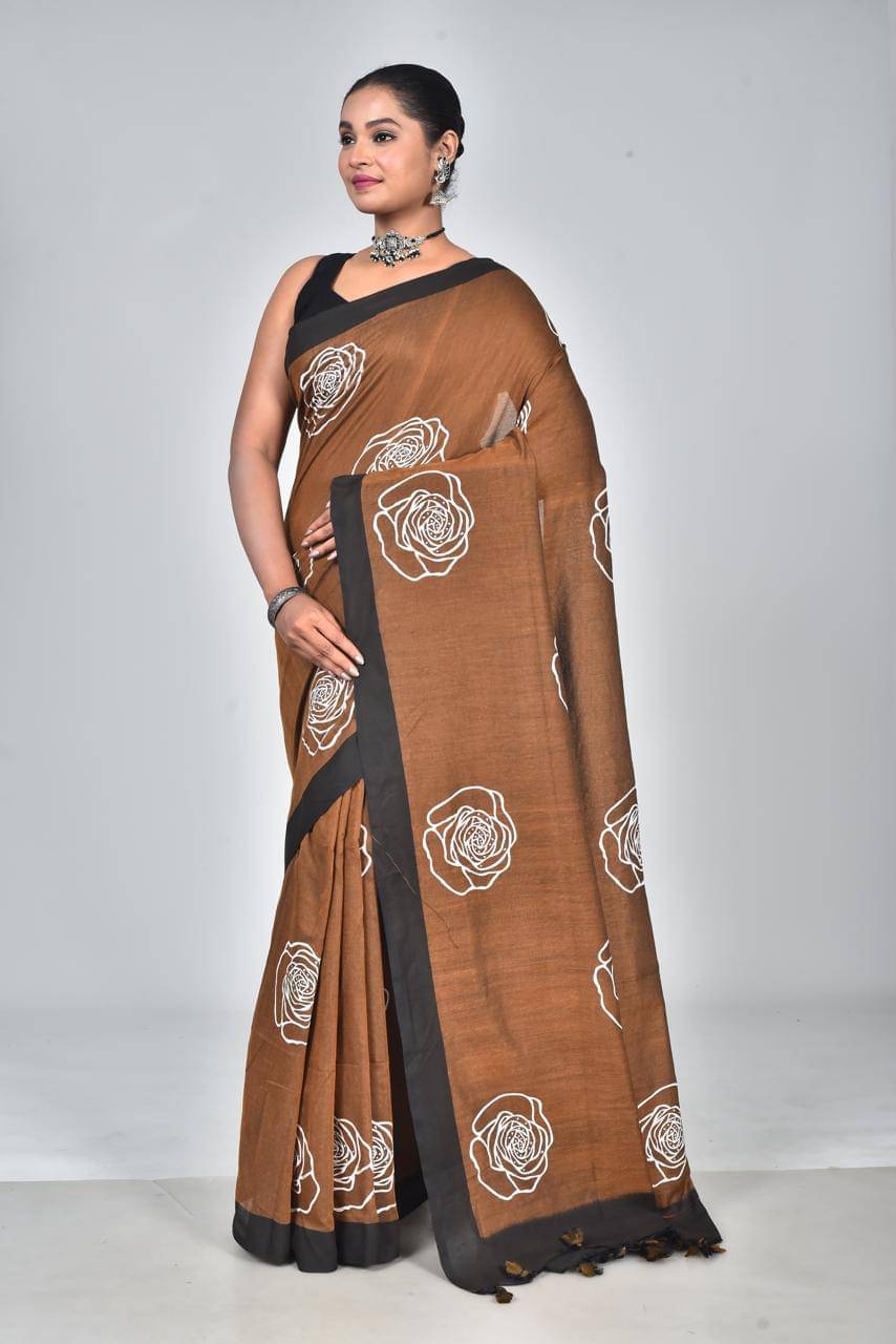 SARADA HANDLOOM Cotton Printed Saree With Unstitched Blouse Piece ( Brown )     			SARADA HANDLOOM Cotton Printed Saree With Unstitched Blouse Piece ( Brown )