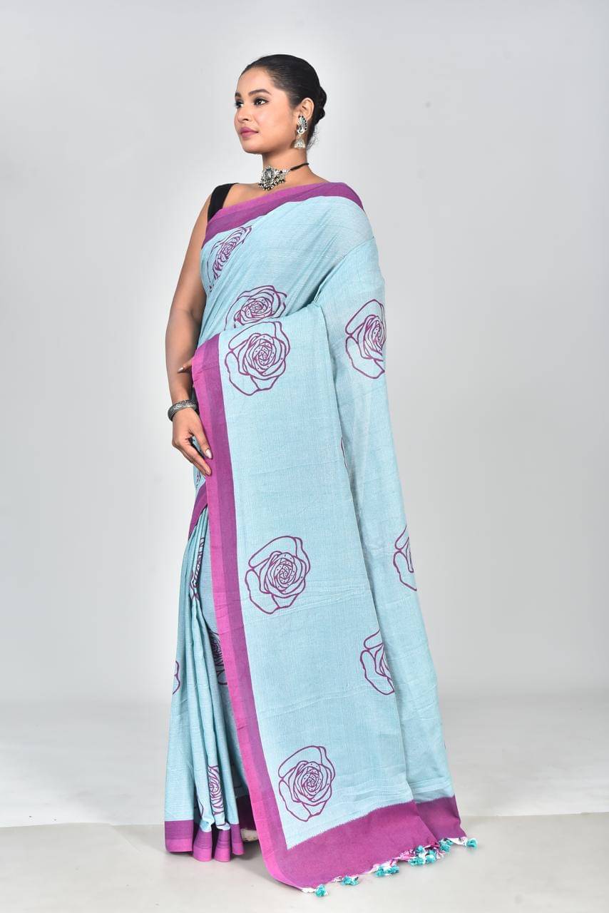     			SARADA HANDLOOM Cotton Printed Saree With Unstitched Blouse Piece ( Light Blue )