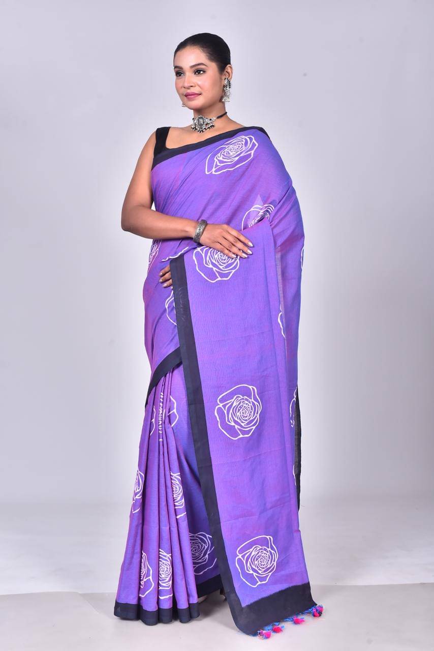     			SARADA HANDLOOM Cotton Printed Saree With Unstitched Blouse Piece ( Purple )