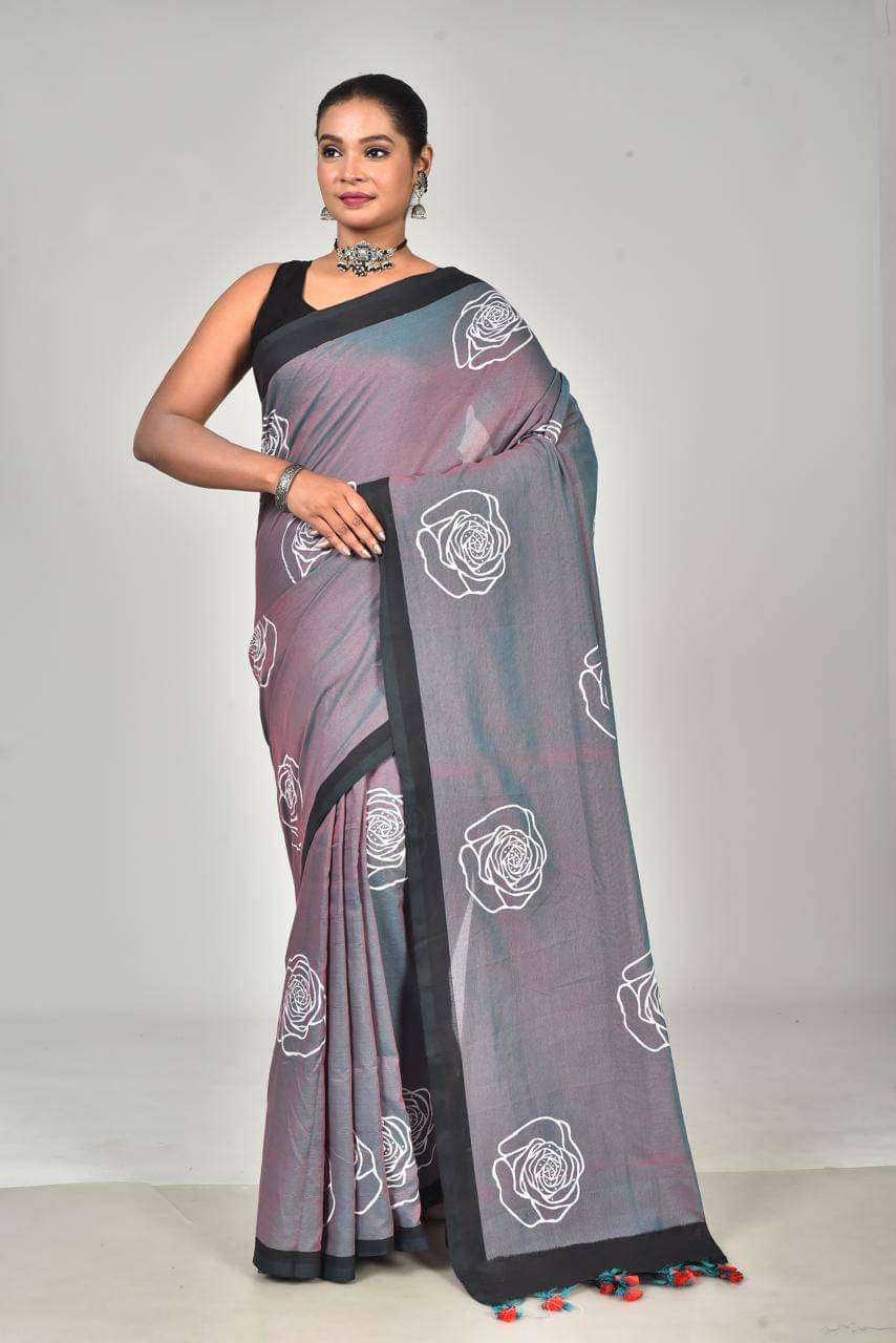 SARADA HANDLOOM Cotton Printed Saree With Unstitched Blouse Piece ( Charcoal ) SARADA HANDLOOM Cotton Printed Saree With Unstitched Blouse Piece ( Charcoal )