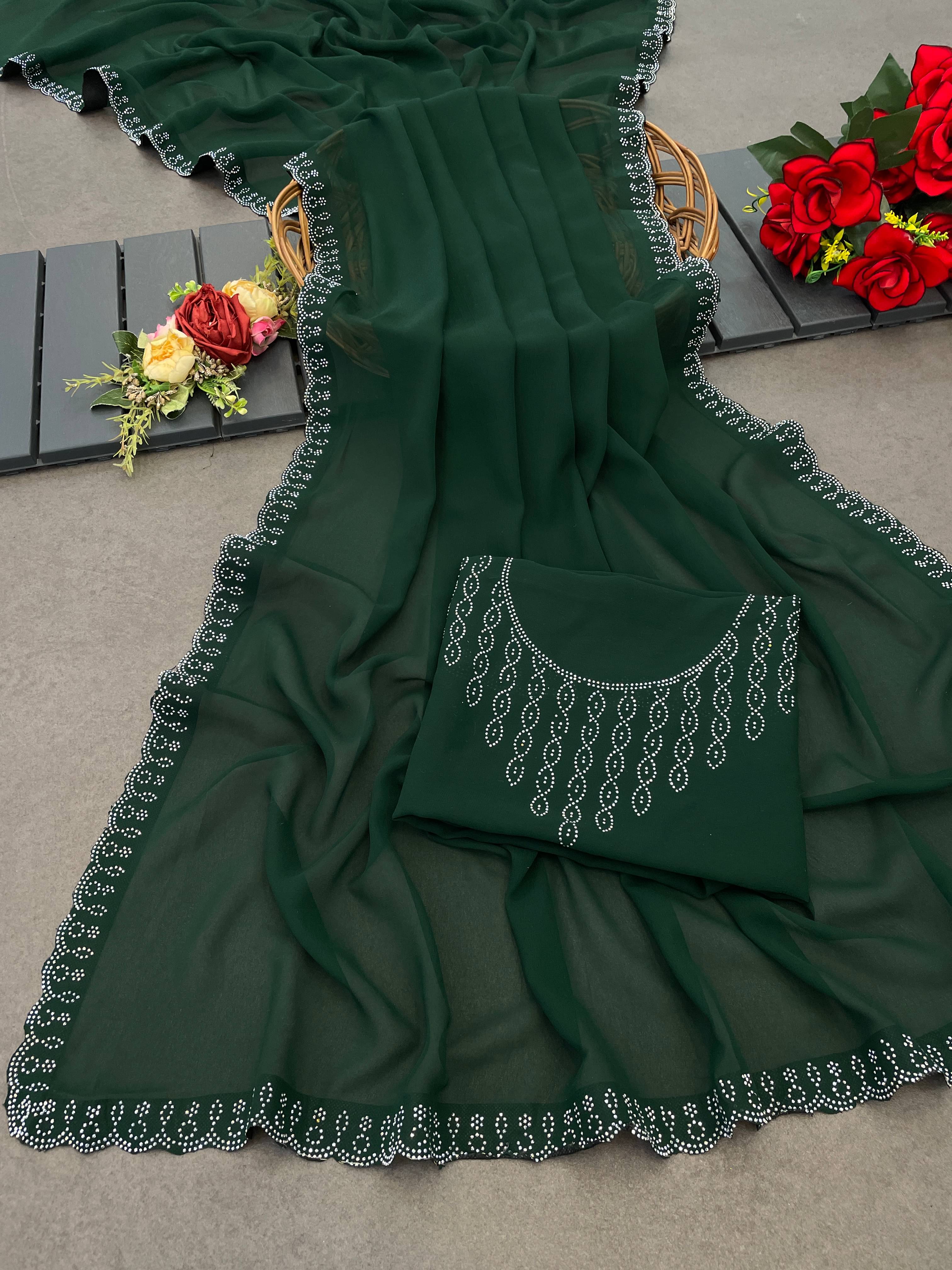 Sitanjali Lifestyle Georgette Embellished Saree With Unstitched Blouse Piece ( Green ) Sitanjali Lifestyle Georgette Embellished Saree With Unstitched Blouse Piece ( Green )