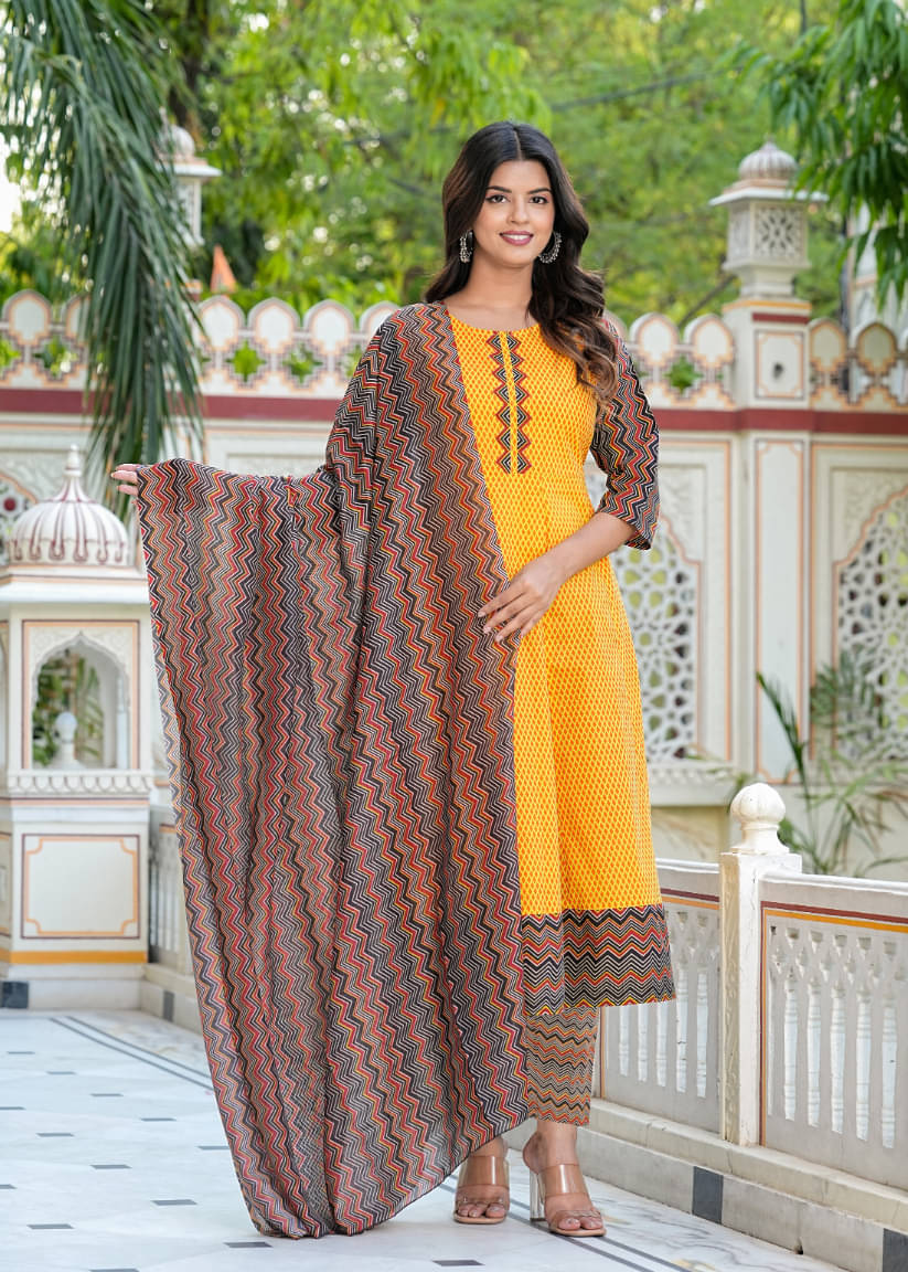     			Yash Gallery Cotton Printed Kurti With Pants Women's Stitched Salwar Suit - Mustard ( Pack of 1 )