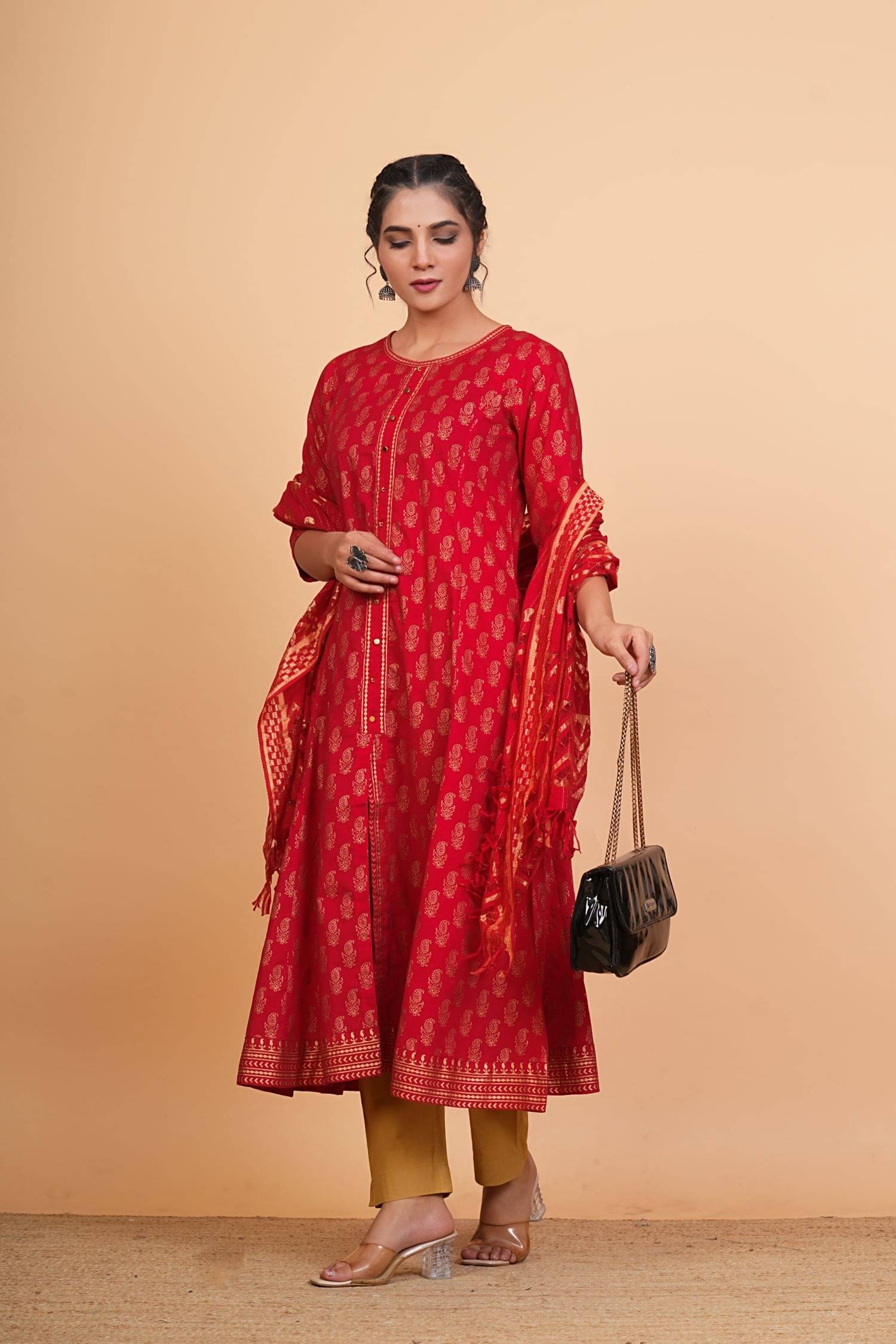 Yash Gallery Pack of 1 Cotton Printed Anarkali Women's Kurti with Dupatta - ( Red ) Yash Gallery Pack of 1 Cotton Printed Anarkali Women's Kurti with Dupatta - ( Red )