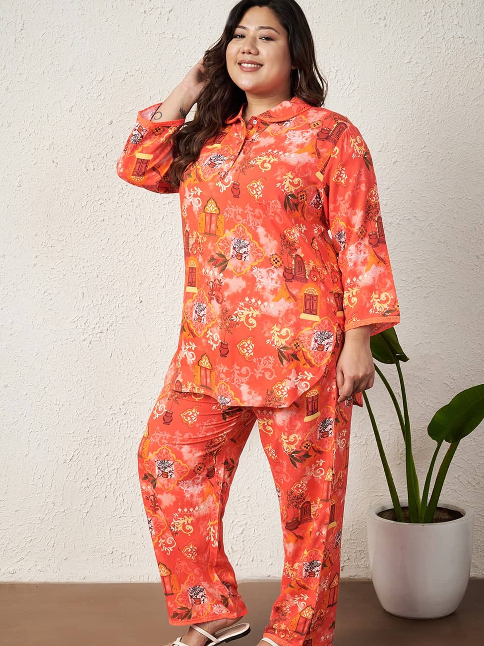 AUSTIVO Women Printed Tunic With Trousers Co-Ord Set ( Pink )