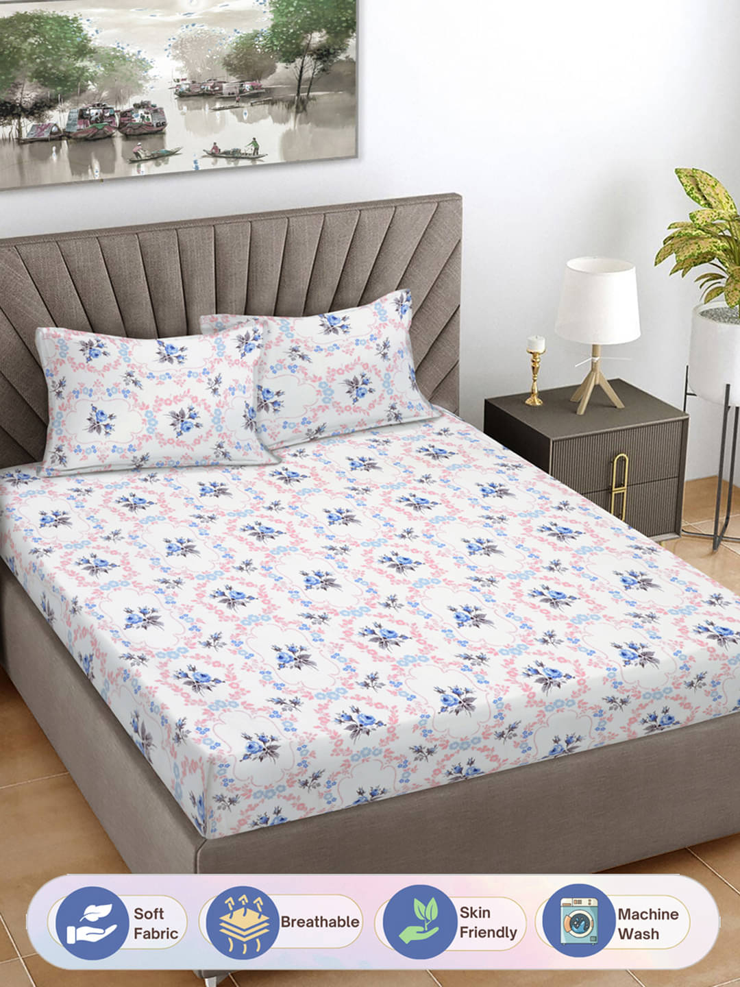     			FABINALIV Poly Cotton 1 Double Bedsheet with 2 Pillow Covers ( Light Blue )