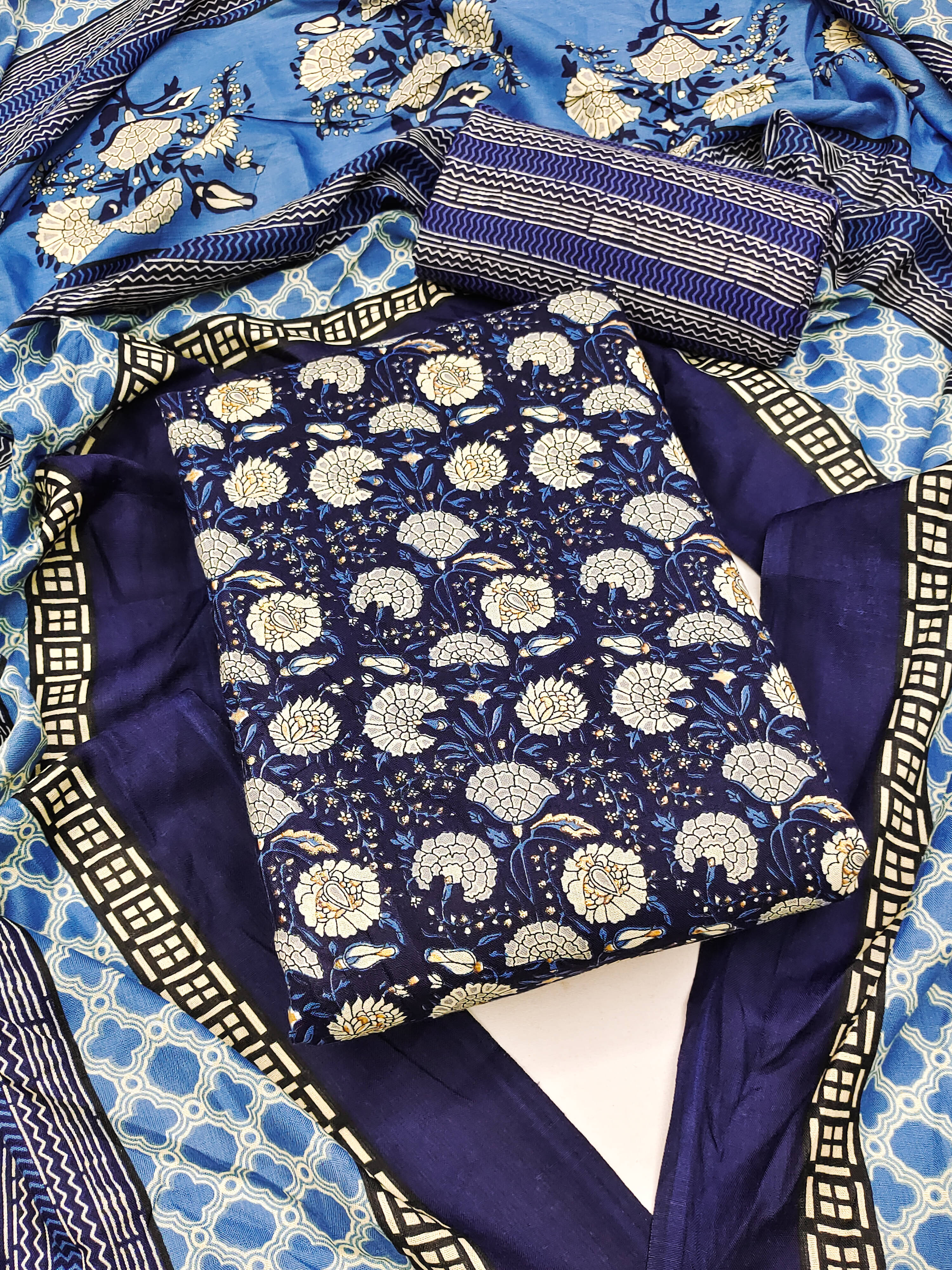     			Nayanthara Trends Unstitched Cotton Blend Printed Dress Material - Blue ( Pack of 1 )