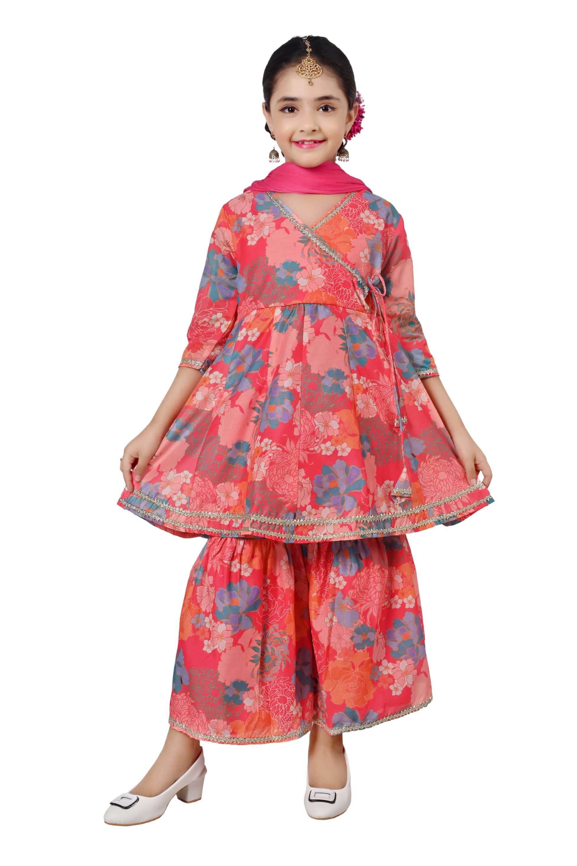 Arshia Fashions Girls Cotton Blend Kurti with Sharara ( Pack of 1 , Pink )