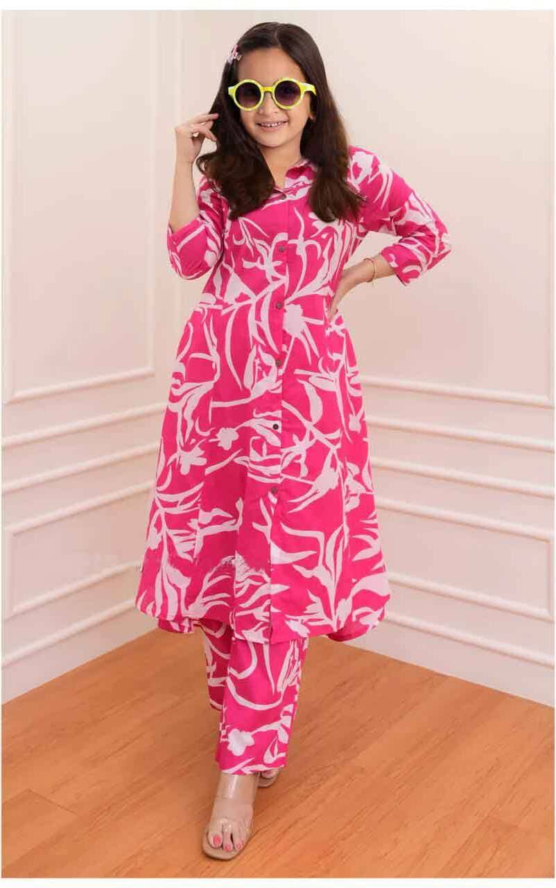 Bholukart Girls Cotton Blend Kurta with Trouser ( Pack of 1 , Pink )