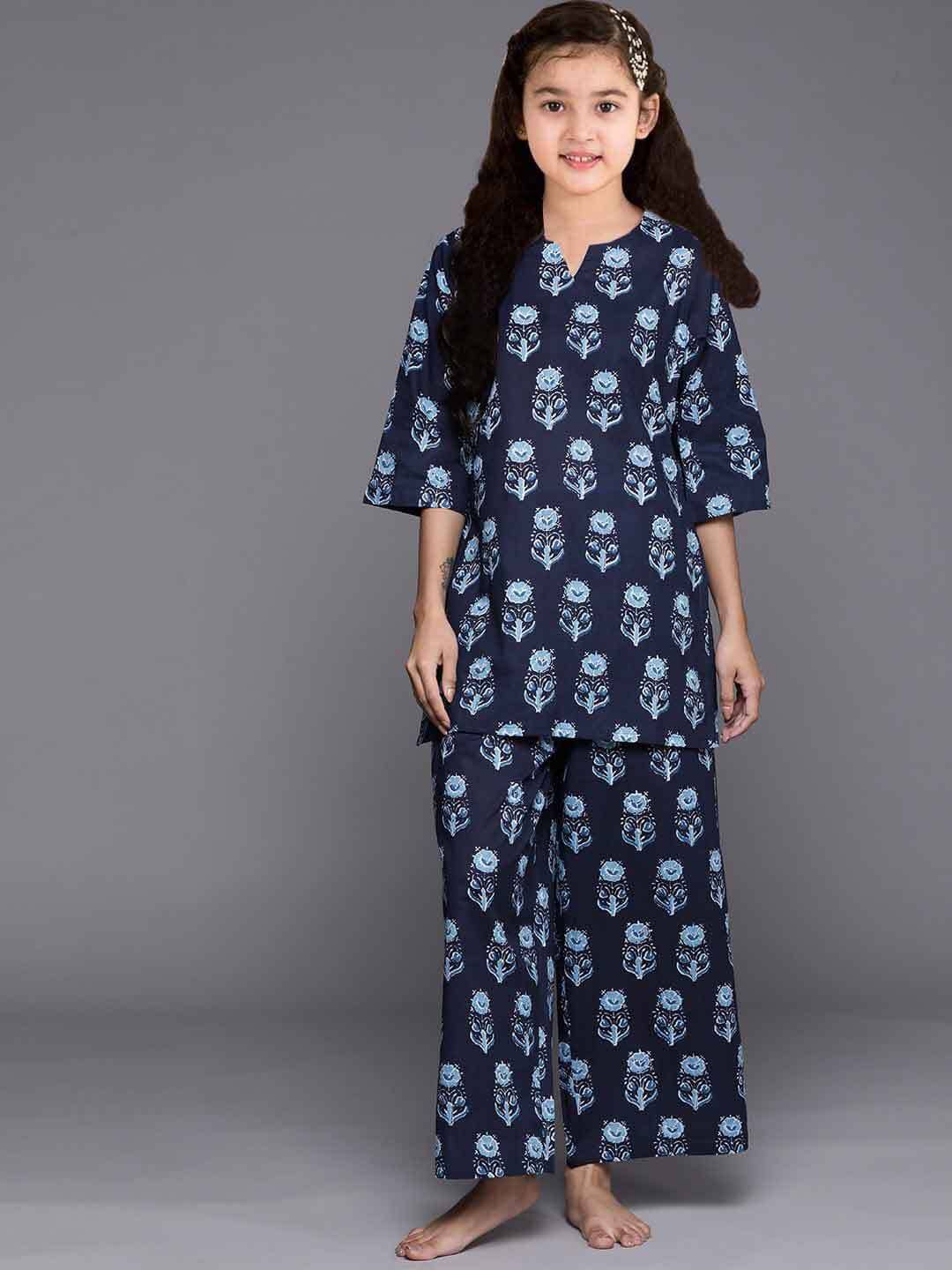 Bholukart Girls Cotton Blend Kurta with Trouser ( Pack of 1 , Blue )