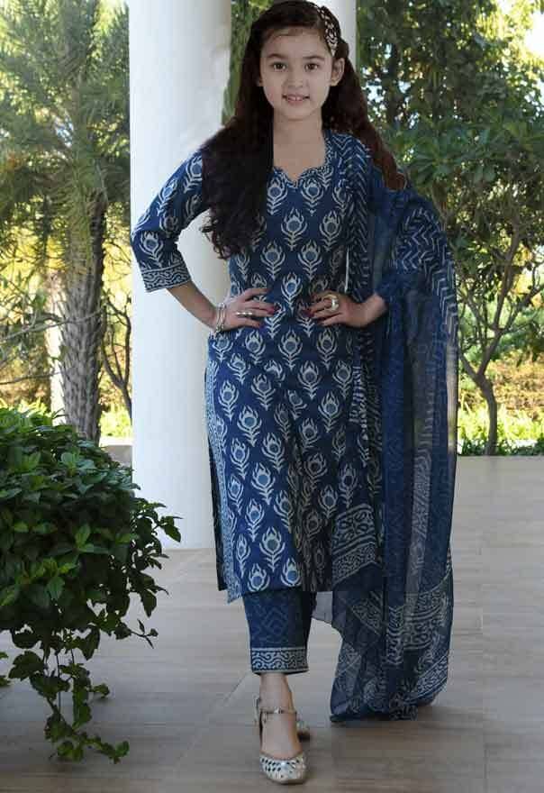     			Bholukart Girls Cotton Blend Kurti with Salwar ( Pack of 1 , Blue )