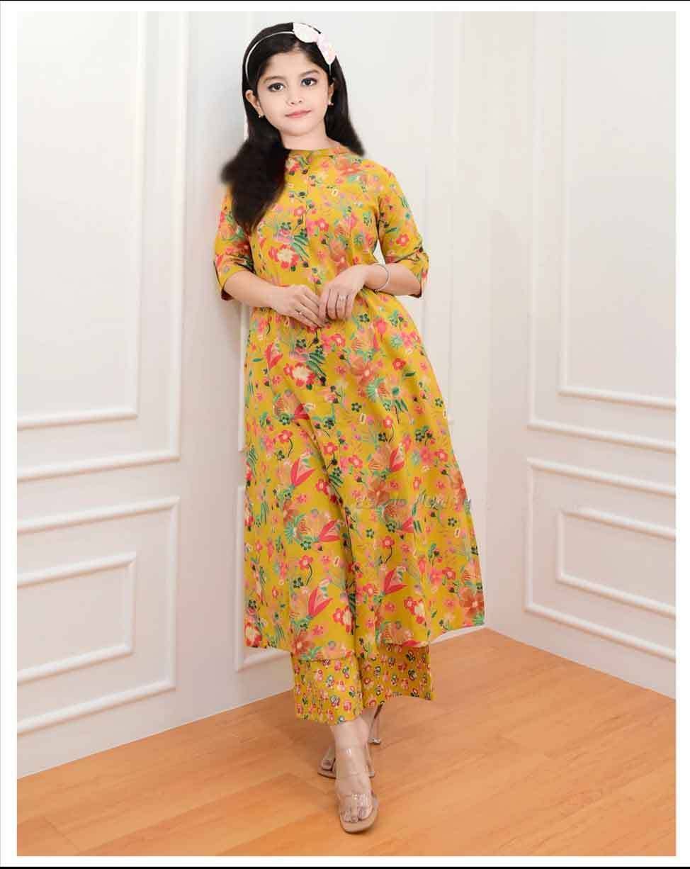Bholukart Girls Cotton Blend Kurti with Salwar ( Pack of 1 , Yellow )