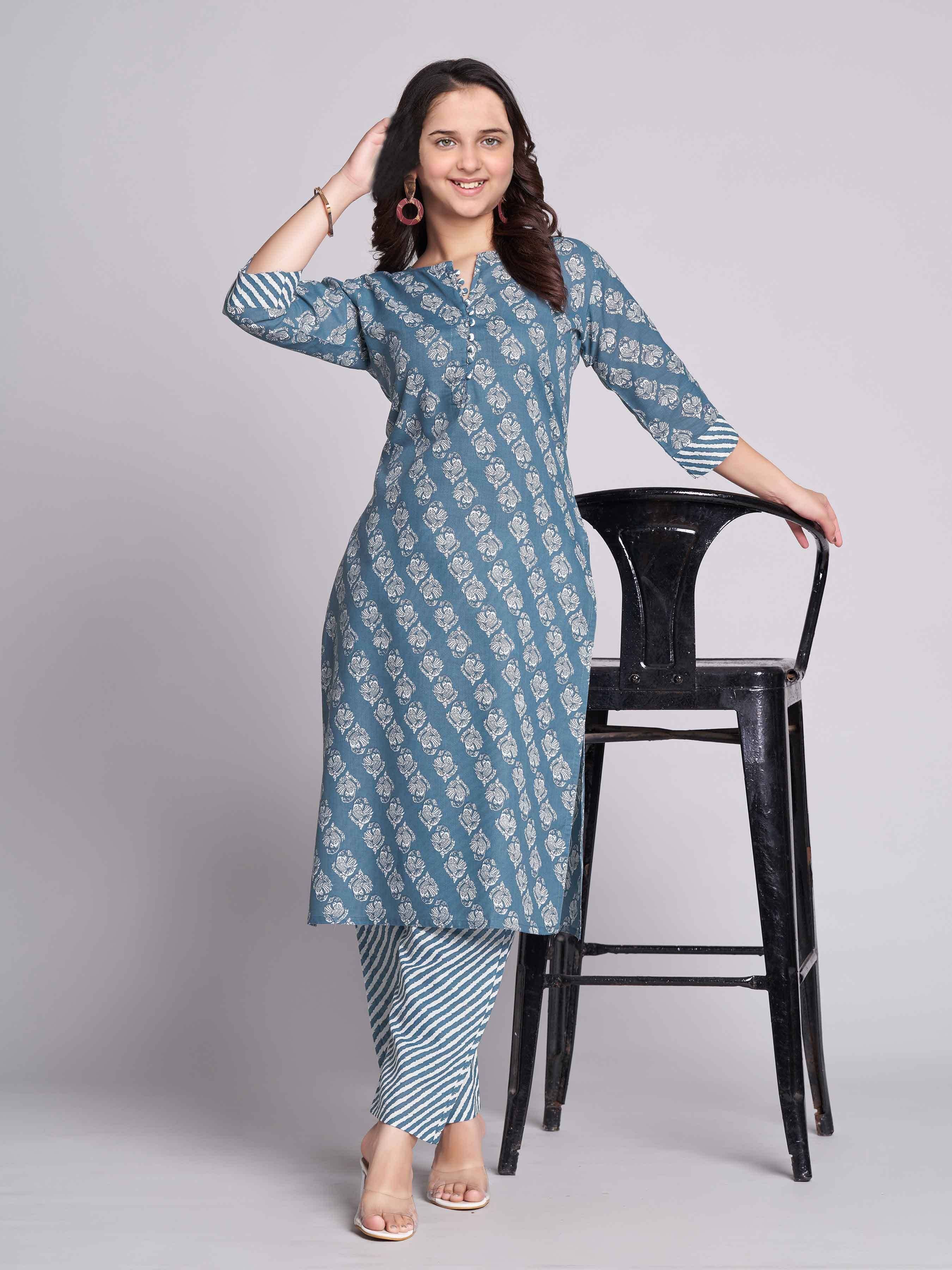     			Bholukart Girls Cotton Blend Kurti with Salwar ( Pack of 1 , Blue )