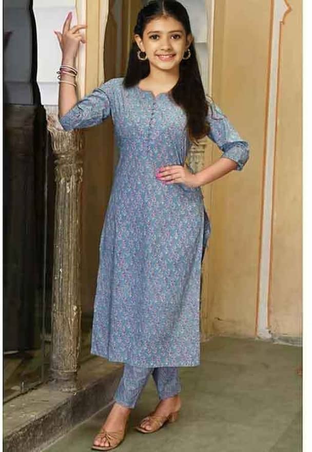 Bholukart Girls Cotton Blend Kurti with Churidar ( Pack of 1 , Blue )