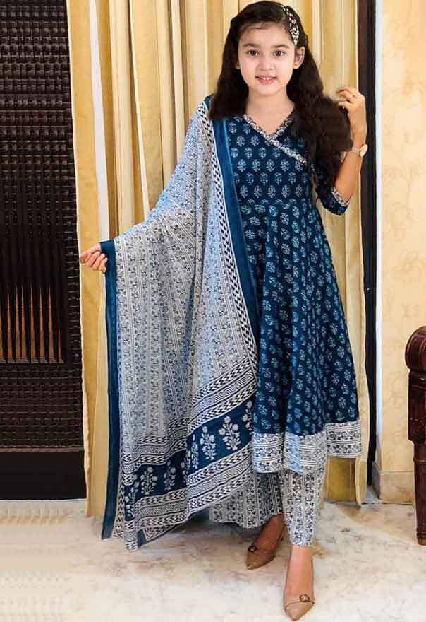Bholukart Girls Cotton Blend Kurti with Salwar ( Pack of 1 , Blue )