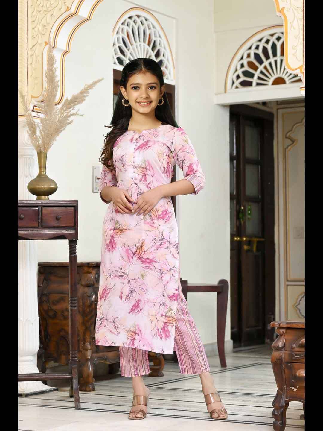 Bholukart Girls Cotton Blend Kurti with Churidar ( Pack of 1 , Pink )