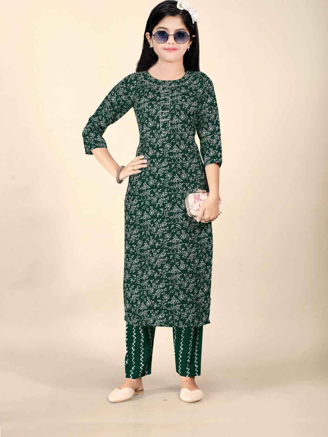     			Bholukart Girls Cotton Blend Kurti with Churidar ( Pack of 1 , Dark Green )